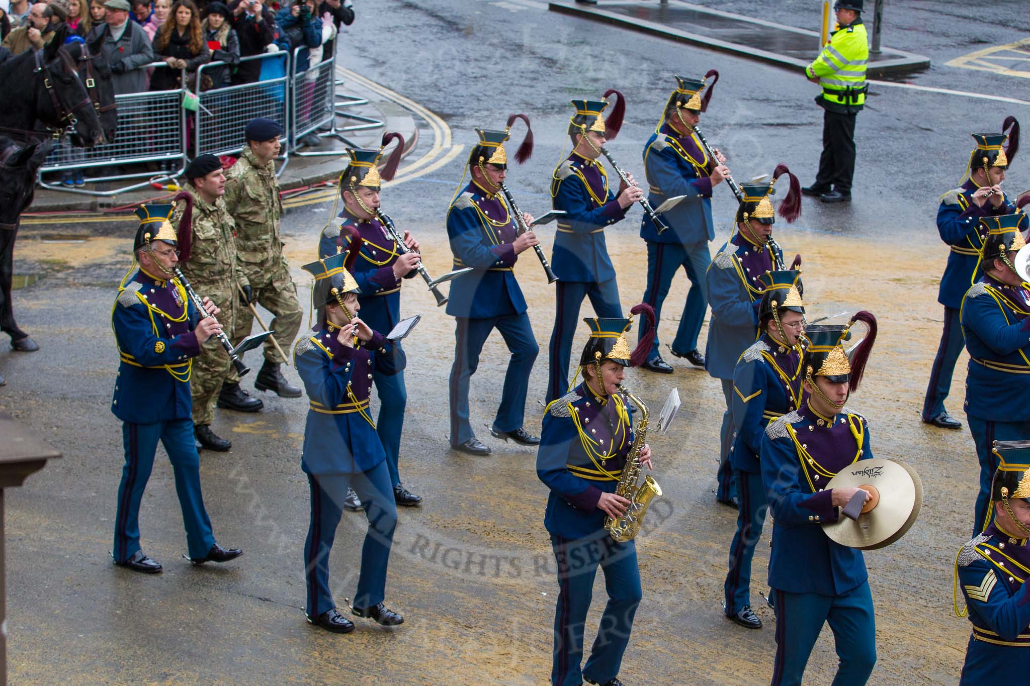 Lord Mayor's Show 2012: Entry 74 - The Band of The Royal Yeomanry (Inns of Court & City Yeomanry)..
Press stand opposite Mansion House, City of London,
London,
Greater London,
United Kingdom,
on 10 November 2012 at 11:32, image #930