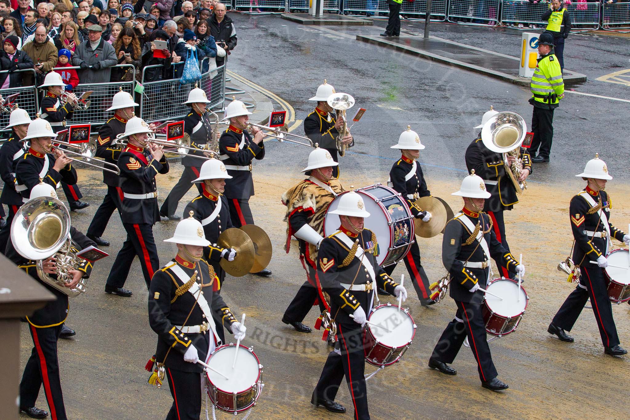 Lord Mayor's Show 2012: Entry 86 - Royal Marines Band (HMS Collingwood)..
Press stand opposite Mansion House, City of London,
London,
Greater London,
United Kingdom,
on 10 November 2012 at 11:38, image #1132