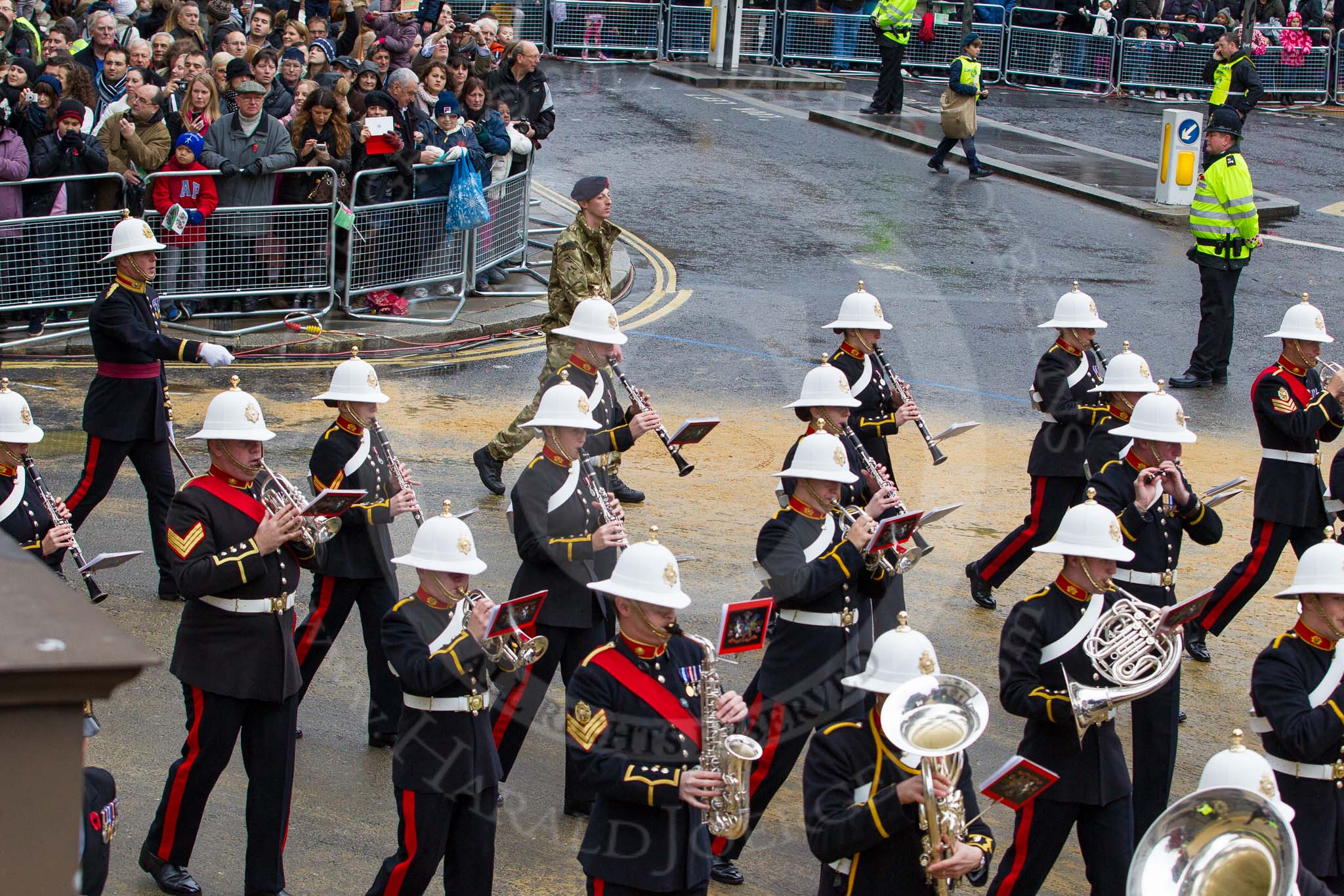 Lord Mayor's Show 2012: Entry 86 - Royal Marines Band (HMS Collingwood)..
Press stand opposite Mansion House, City of London,
London,
Greater London,
United Kingdom,
on 10 November 2012 at 11:38, image #1140