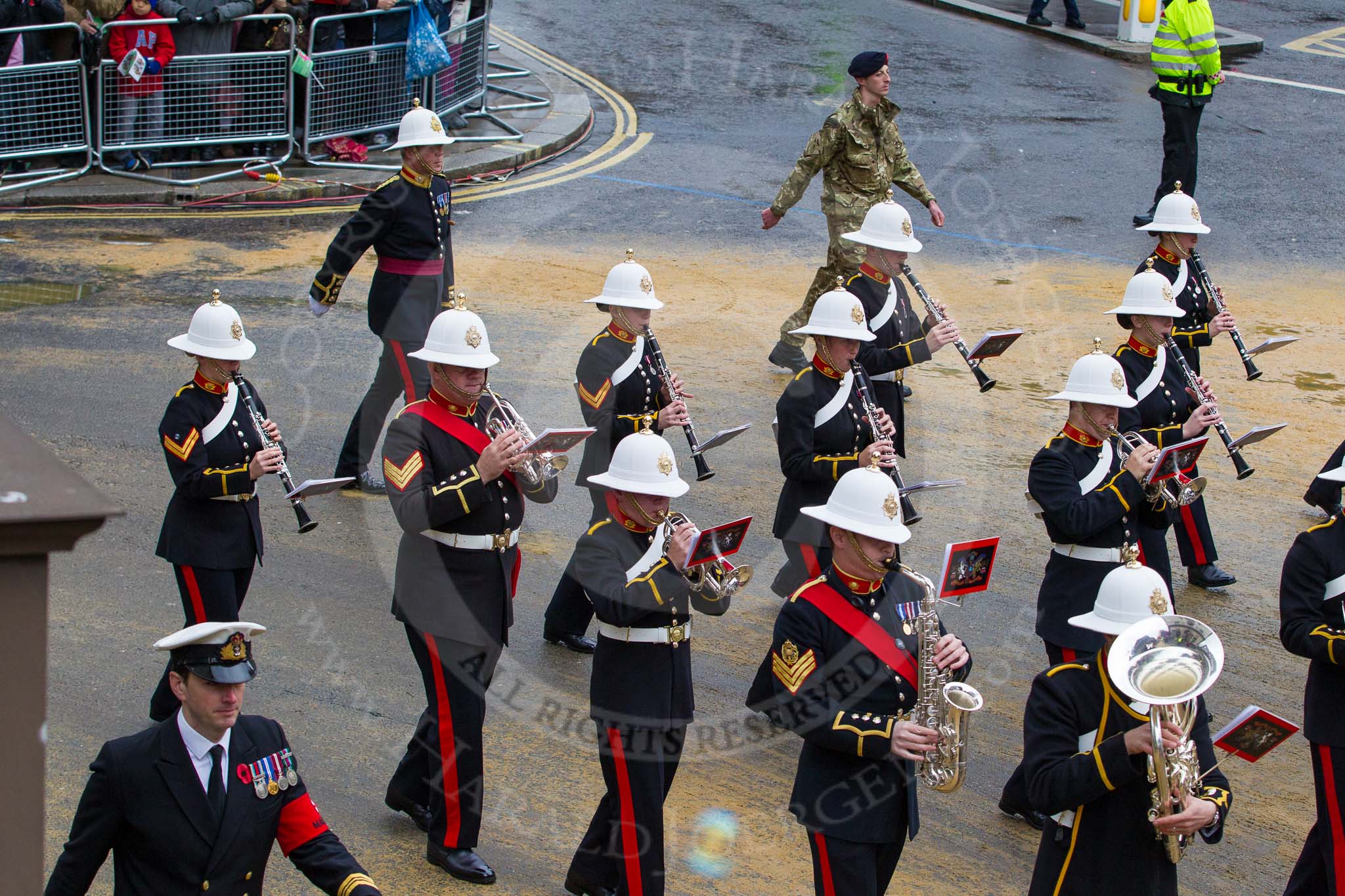 Lord Mayor's Show 2012: Entry 86 - Royal Marines Band (HMS Collingwood)..
Press stand opposite Mansion House, City of London,
London,
Greater London,
United Kingdom,
on 10 November 2012 at 11:38, image #1142