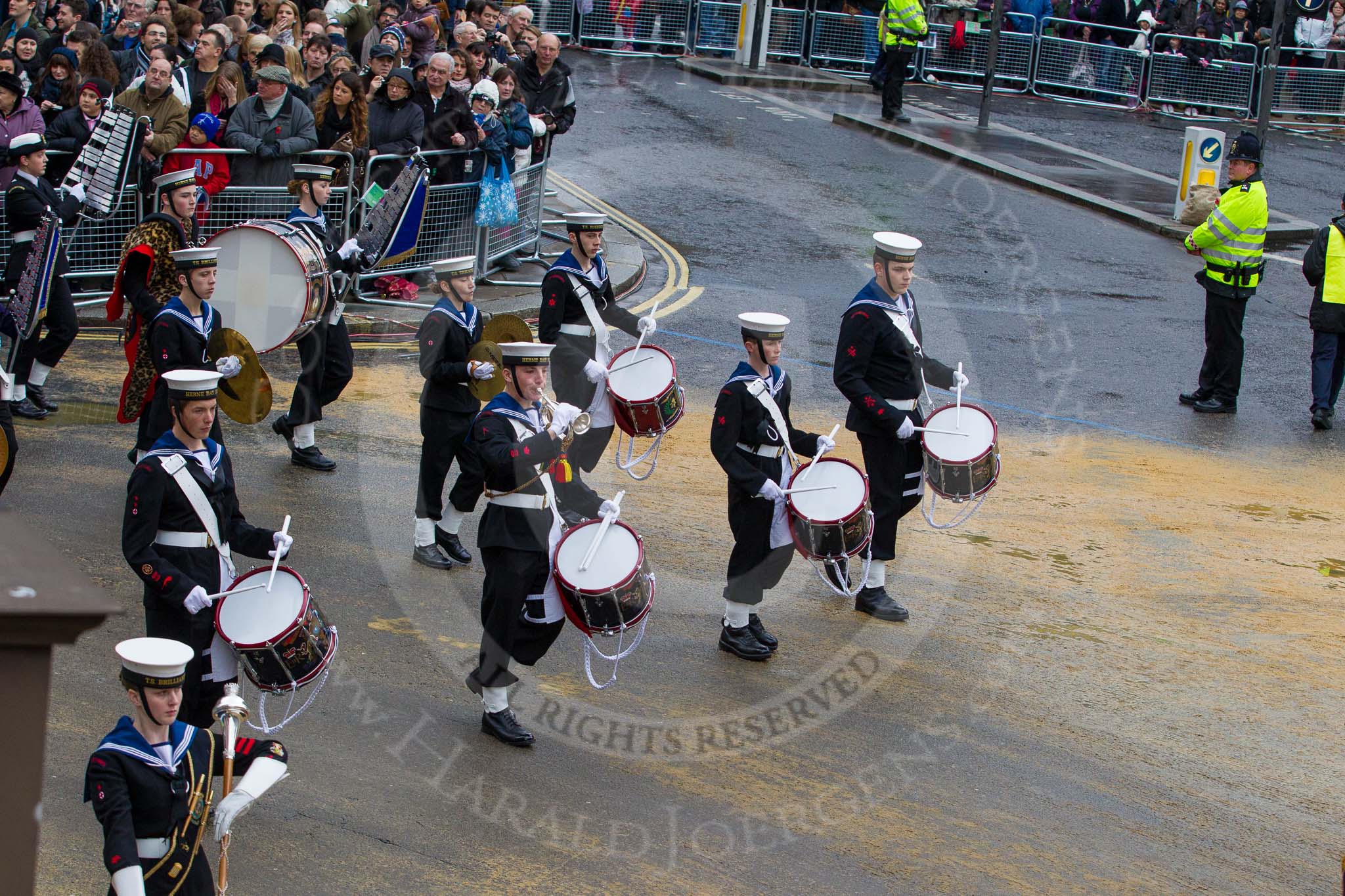 Lord Mayor's Show 2012: Entry 98 - Sea Cadet Corps Band..
Press stand opposite Mansion House, City of London,
London,
Greater London,
United Kingdom,
on 10 November 2012 at 11:45, image #1303