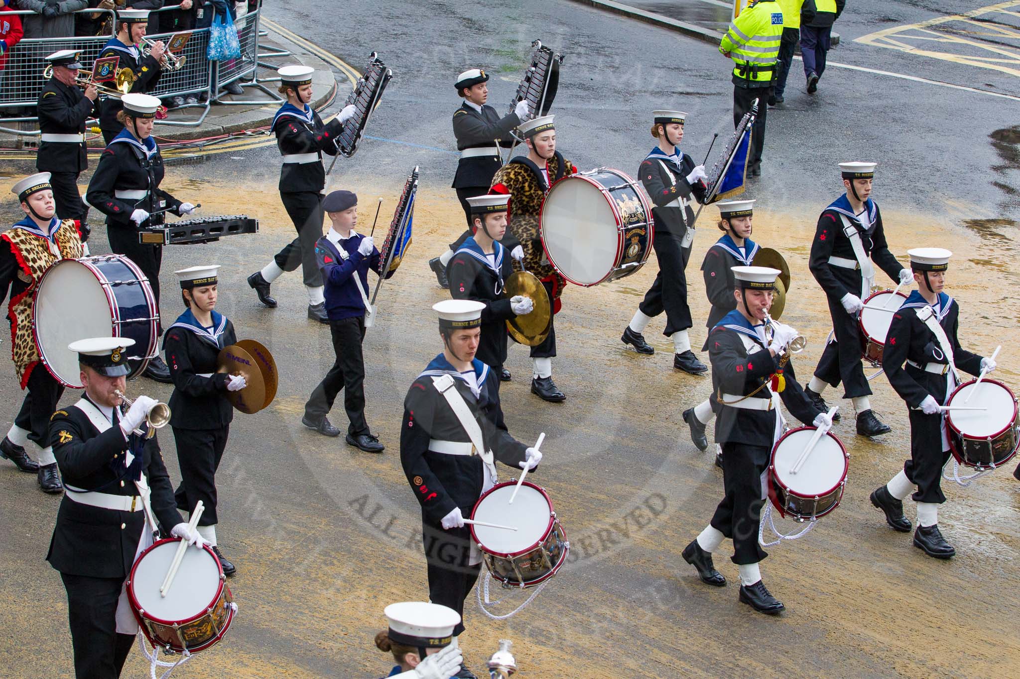 Lord Mayor's Show 2012: Entry 98 - Sea Cadet Corps Band..
Press stand opposite Mansion House, City of London,
London,
Greater London,
United Kingdom,
on 10 November 2012 at 11:45, image #1306