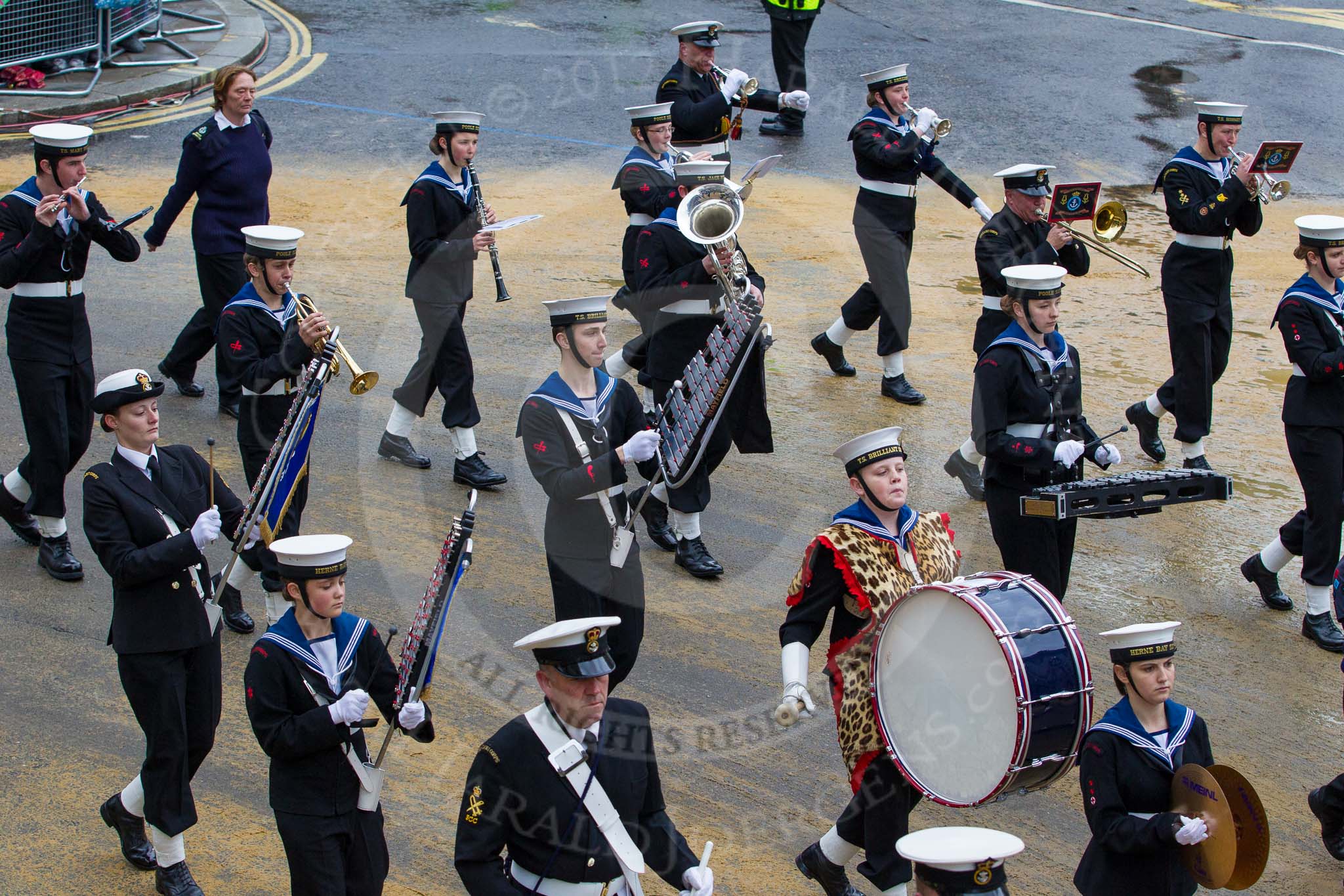 Lord Mayor's Show 2012: Entry 98 - Sea Cadet Corps Band..
Press stand opposite Mansion House, City of London,
London,
Greater London,
United Kingdom,
on 10 November 2012 at 11:45, image #1311