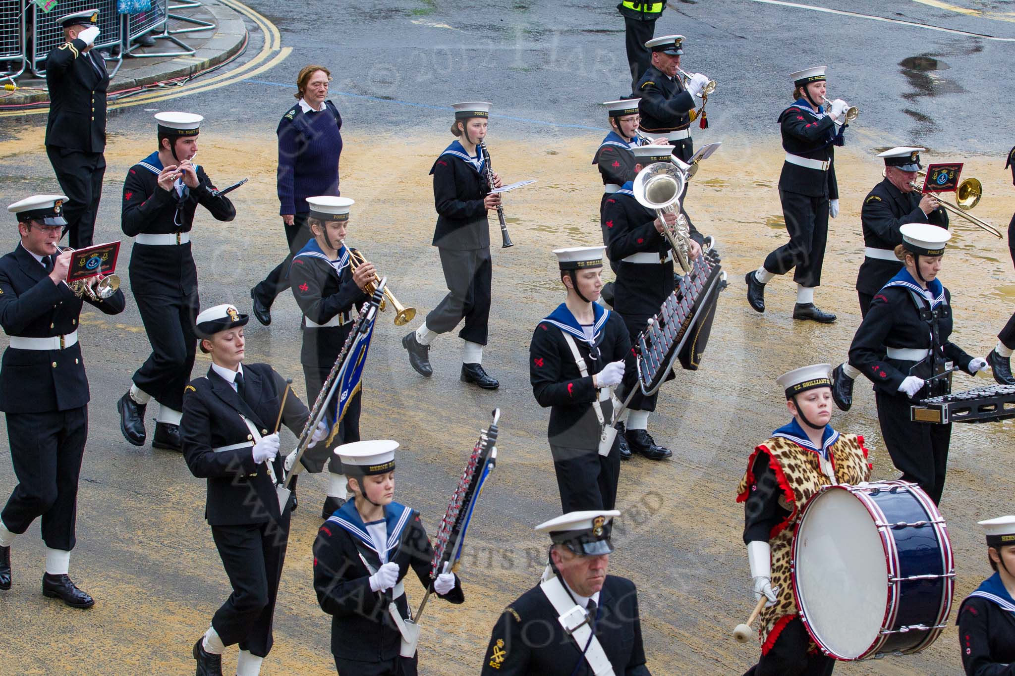 Lord Mayor's Show 2012: Entry 98 - Sea Cadet Corps Band..
Press stand opposite Mansion House, City of London,
London,
Greater London,
United Kingdom,
on 10 November 2012 at 11:45, image #1312