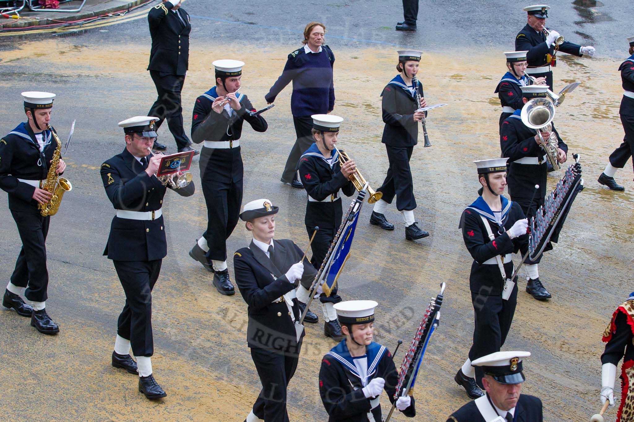 Lord Mayor's Show 2012: Entry 98 - Sea Cadet Corps Band..
Press stand opposite Mansion House, City of London,
London,
Greater London,
United Kingdom,
on 10 November 2012 at 11:45, image #1314