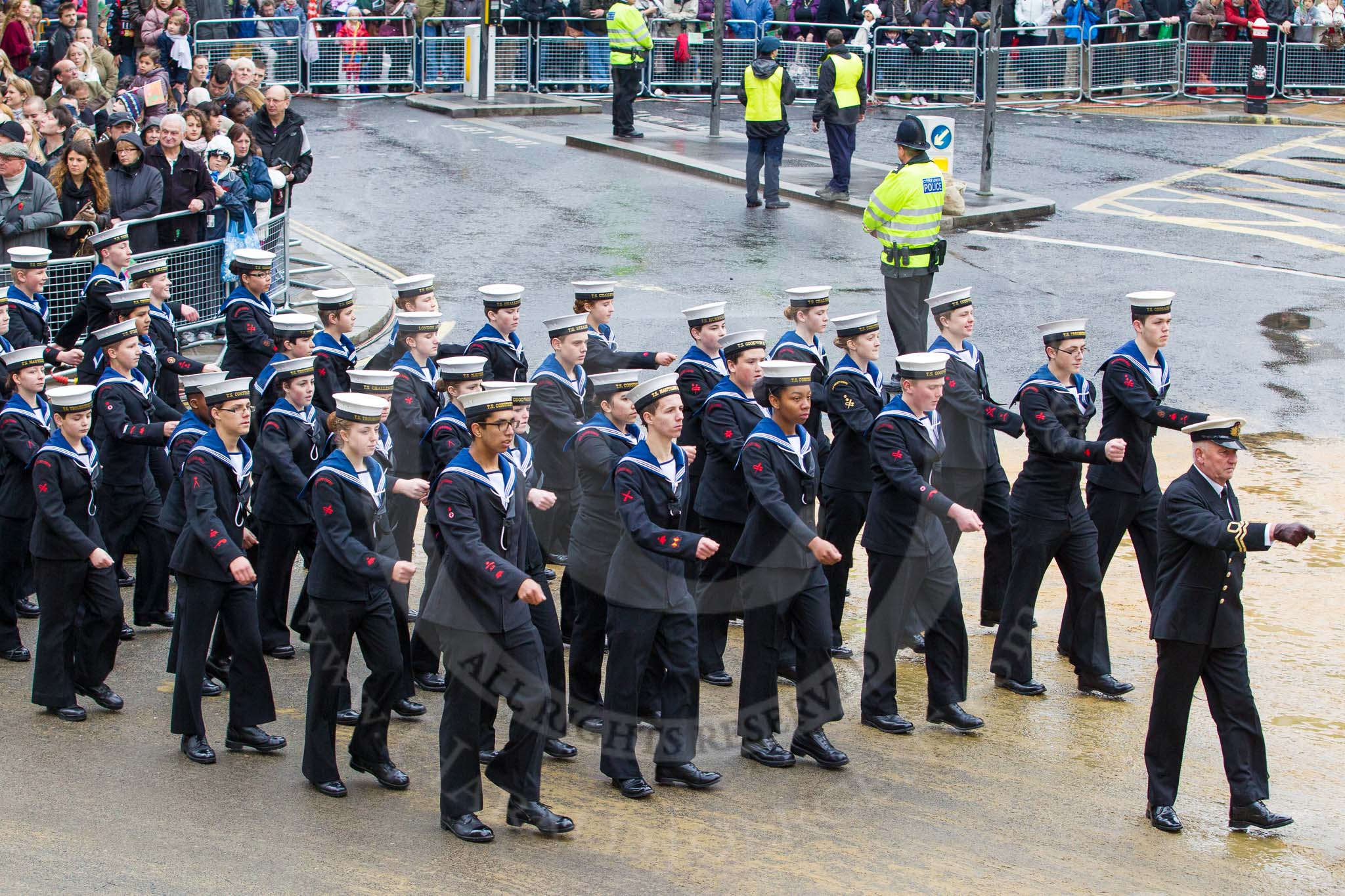 Lord Mayor's Show 2012: Entry 99 - Sea Cadet Corps (London Area)..
Press stand opposite Mansion House, City of London,
London,
Greater London,
United Kingdom,
on 10 November 2012 at 11:45, image #1321