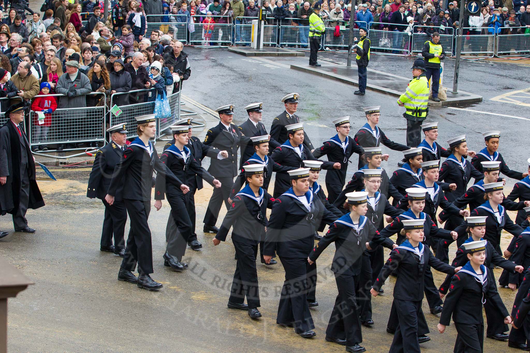 Lord Mayor's Show 2012: Entry 99 - Sea Cadet Corps (London Area)..
Press stand opposite Mansion House, City of London,
London,
Greater London,
United Kingdom,
on 10 November 2012 at 11:46, image #1326