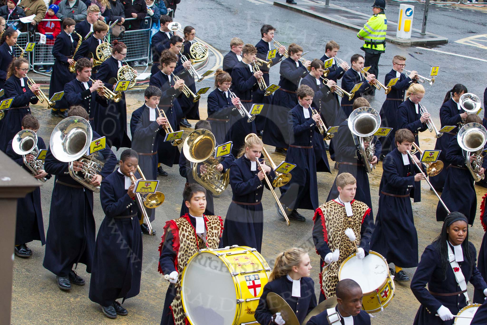 Lord Mayor's Show 2012: Entry 123 - Christ's Hospital School Band..
Press stand opposite Mansion House, City of London,
London,
Greater London,
United Kingdom,
on 10 November 2012 at 12:02, image #1766