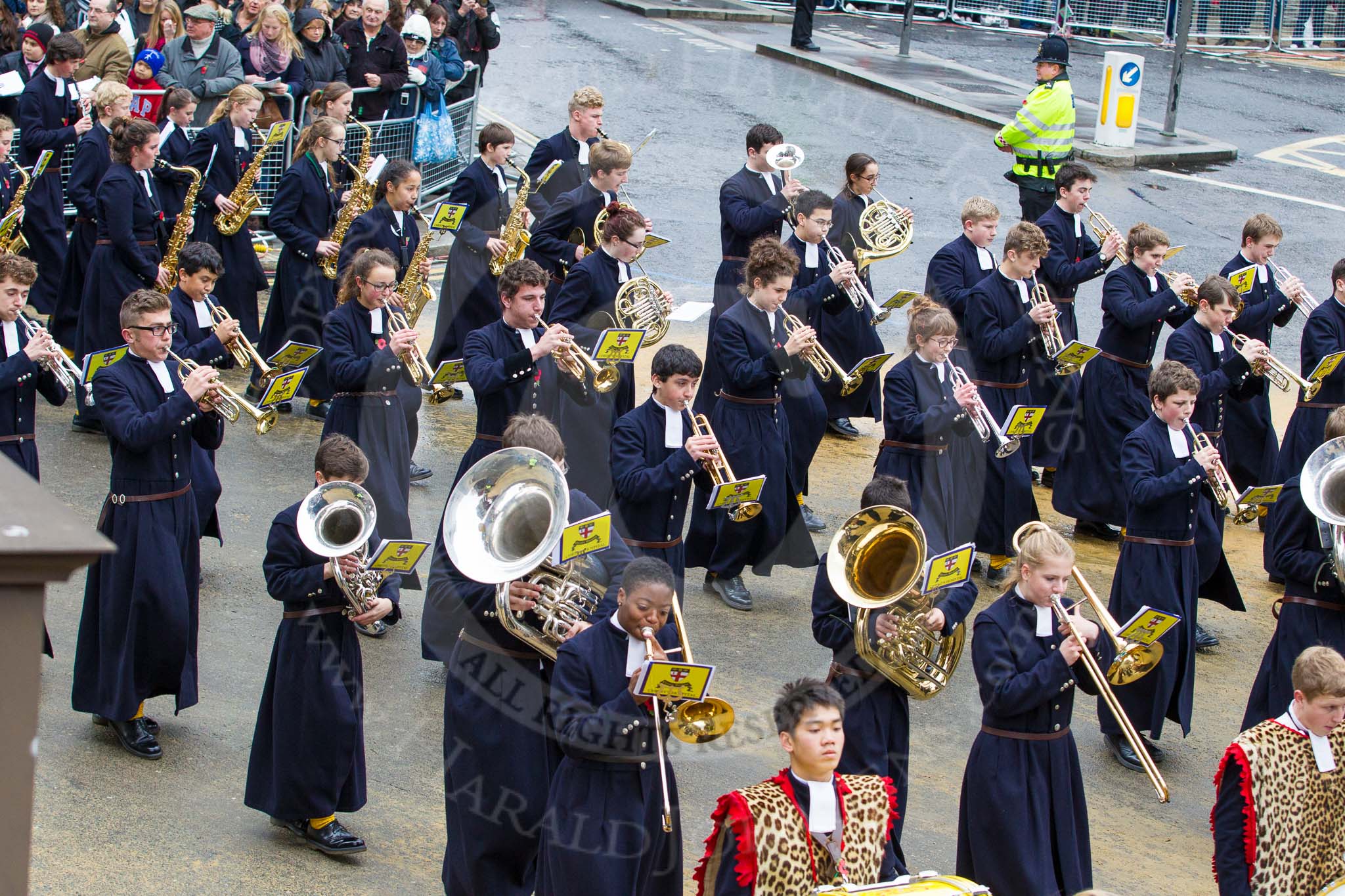 Lord Mayor's Show 2012: Entry 123 - Christ's Hospital School Band..
Press stand opposite Mansion House, City of London,
London,
Greater London,
United Kingdom,
on 10 November 2012 at 12:02, image #1769
