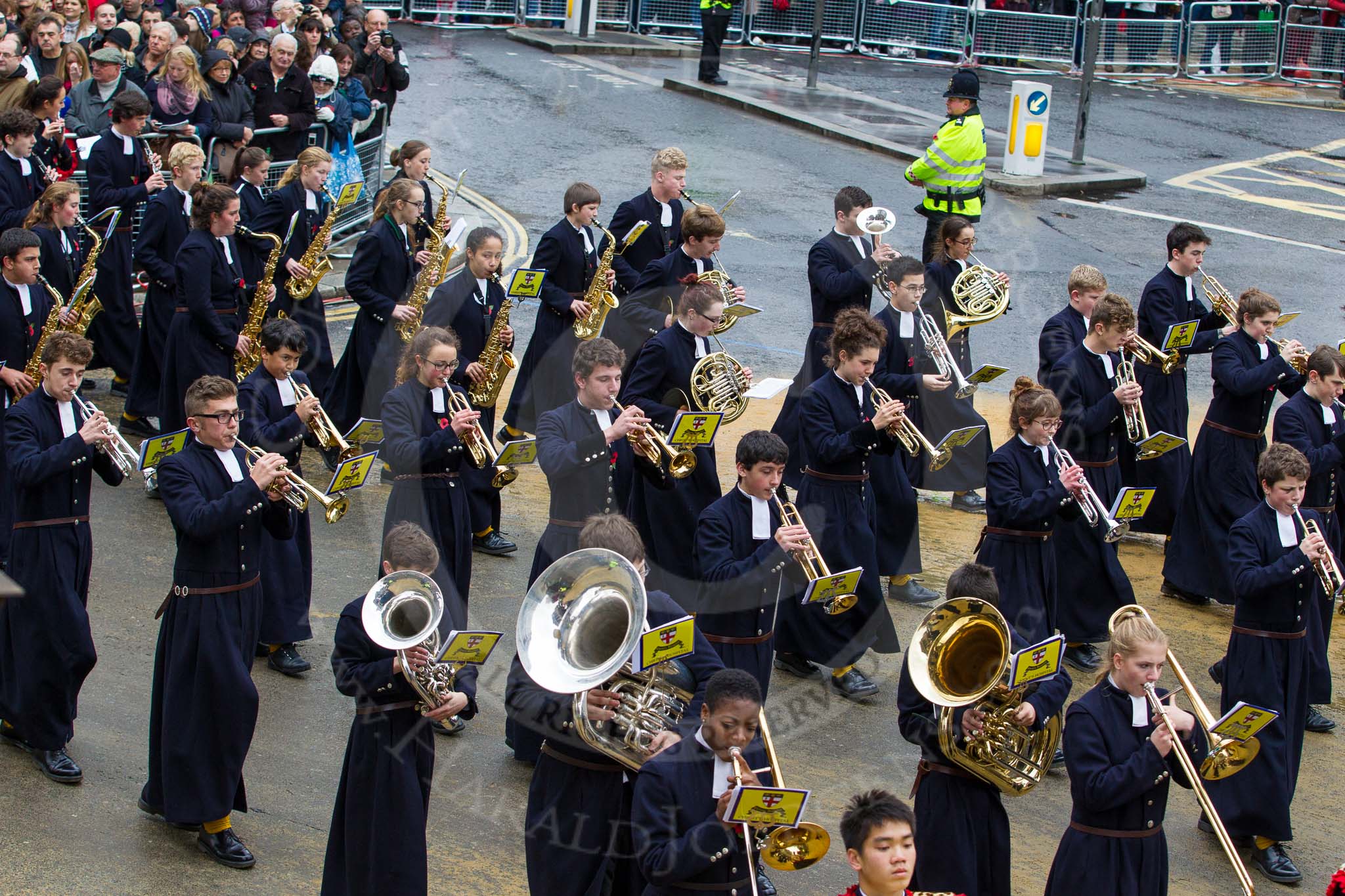 Lord Mayor's Show 2012: Entry 123 - Christ's Hospital School Band..
Press stand opposite Mansion House, City of London,
London,
Greater London,
United Kingdom,
on 10 November 2012 at 12:02, image #1771