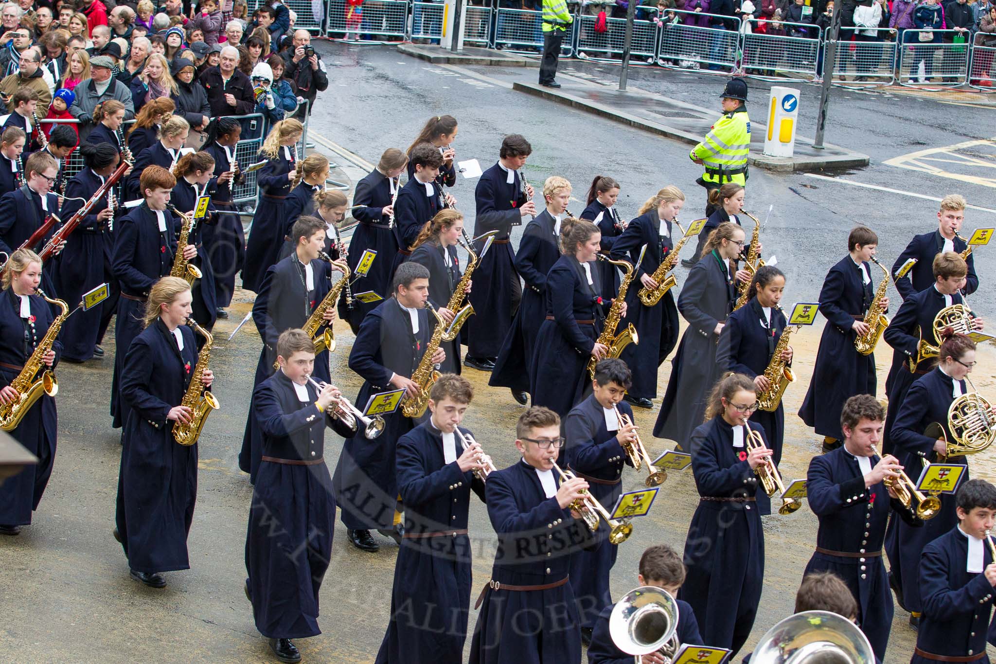 Lord Mayor's Show 2012: Entry 123 - Christ's Hospital School Band..
Press stand opposite Mansion House, City of London,
London,
Greater London,
United Kingdom,
on 10 November 2012 at 12:02, image #1776