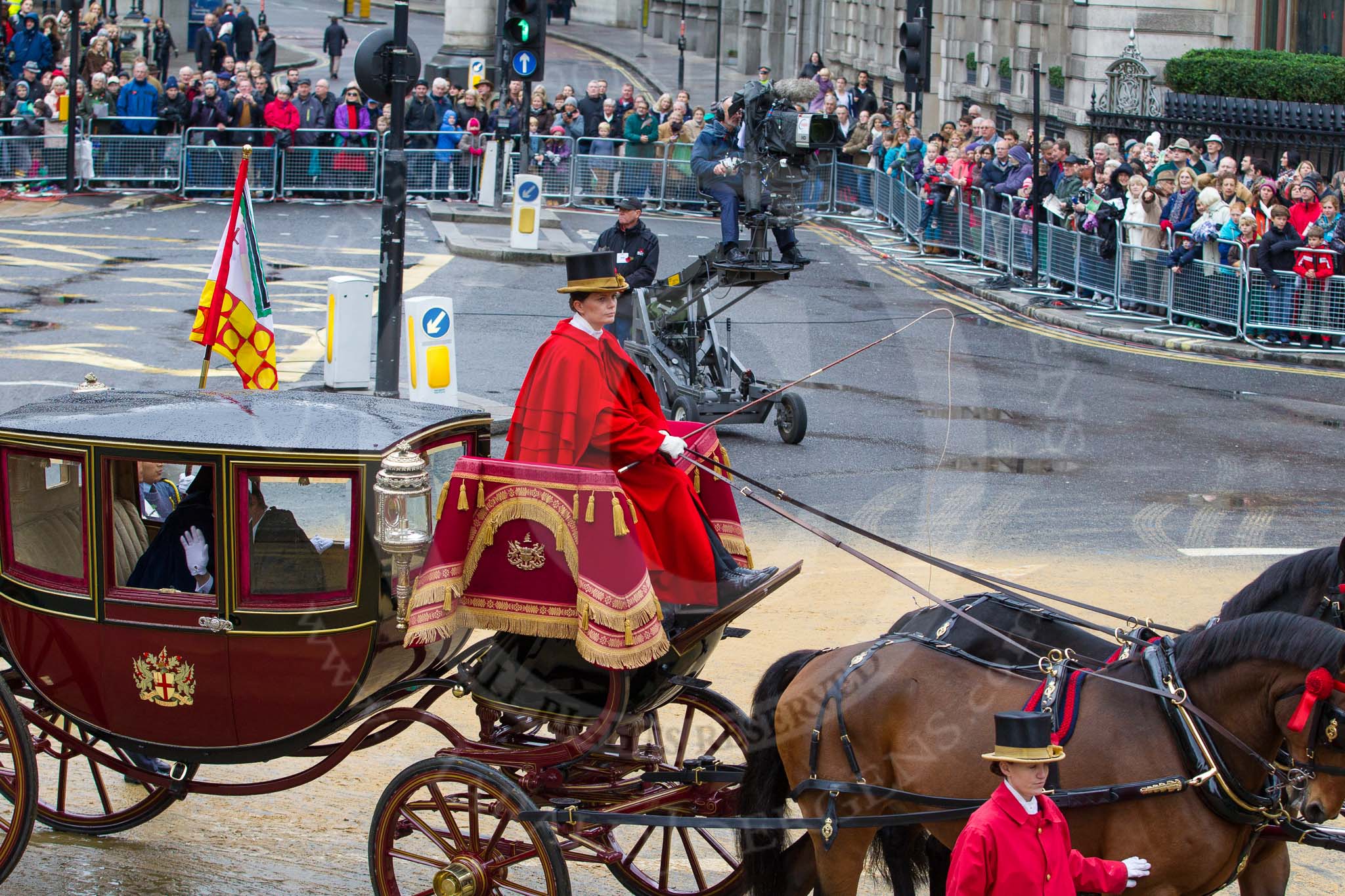 Lord Mayor's Show 2012: Entry 131- Chief Commoner and Secondary, with the Royal Mews's Lady Coachman Phillipa Jackson..
Press stand opposite Mansion House, City of London,
London,
Greater London,
United Kingdom,
on 10 November 2012 at 12:05, image #1847