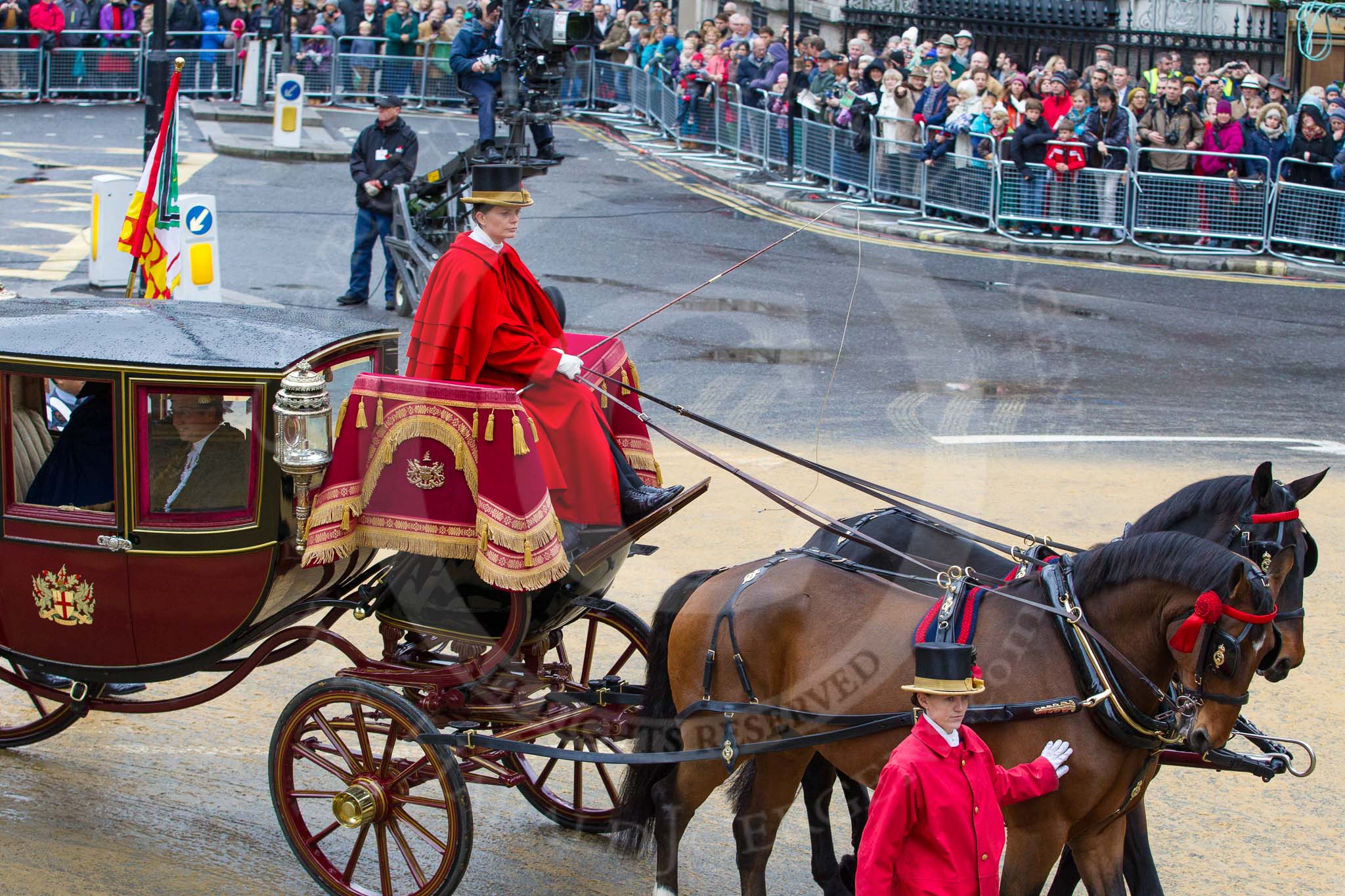 Lord Mayor's Show 2012: Entry 131- Chief Commoner and Secondary, with the Royal Mews's Lady Coachman Phillipa Jackson..
Press stand opposite Mansion House, City of London,
London,
Greater London,
United Kingdom,
on 10 November 2012 at 12:05, image #1848