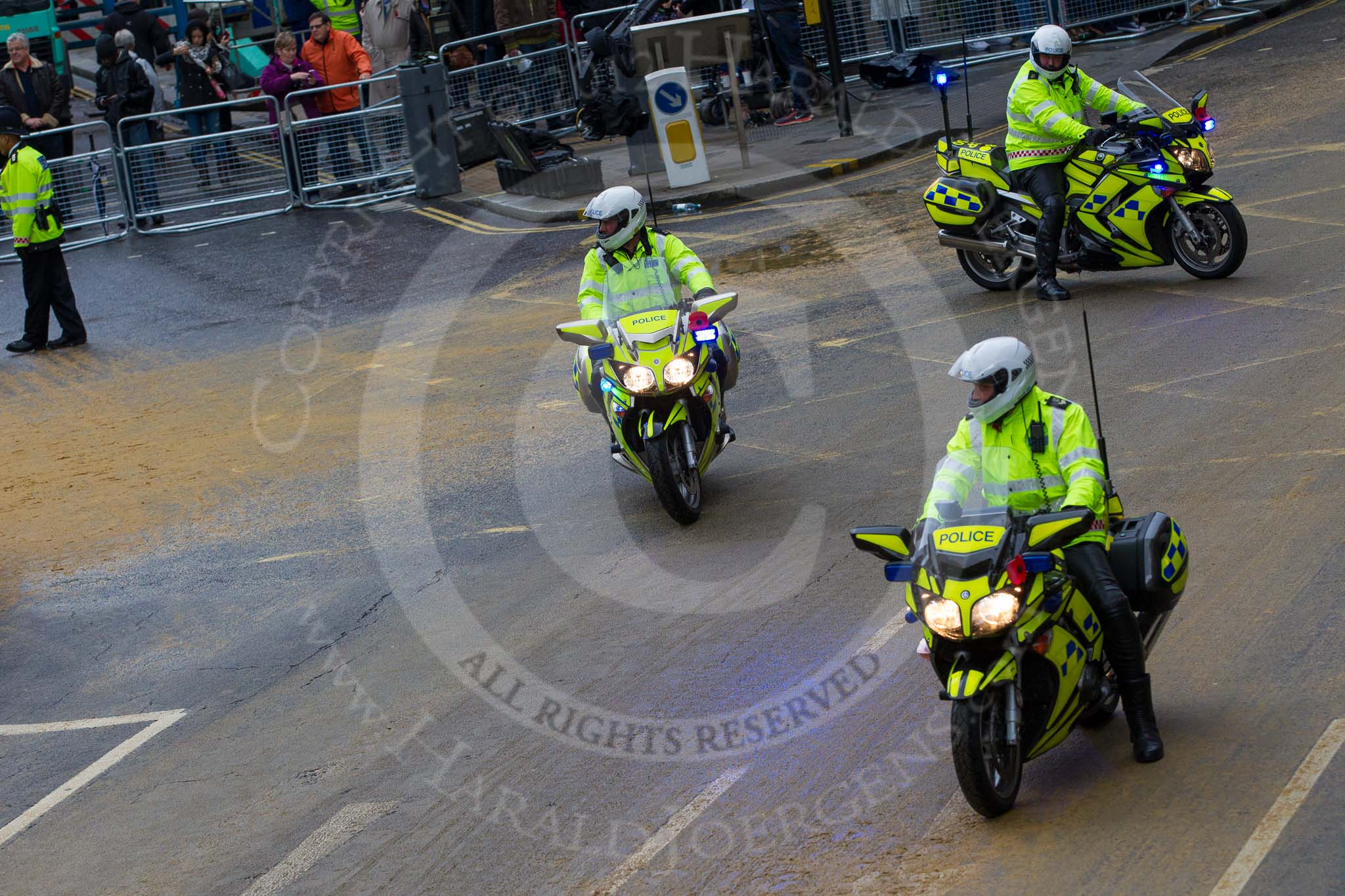 Lord Mayor's Show 2012: Metropolitan Police officers on motorbikes after the 2012 Lord Mayor's Show..
Press stand opposite Mansion House, City of London,
London,
Greater London,
United Kingdom,
on 10 November 2012 at 12:15, image #1956