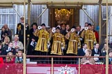 Lord Mayor's Show 2012: Household Cavalry trumpeters in their state uniforms announcing the arrival of the Lord Mayor..
Press stand opposite Mansion House, City of London,
London,
Greater London,
United Kingdom,
on 10 November 2012 at 10:49, image #123
