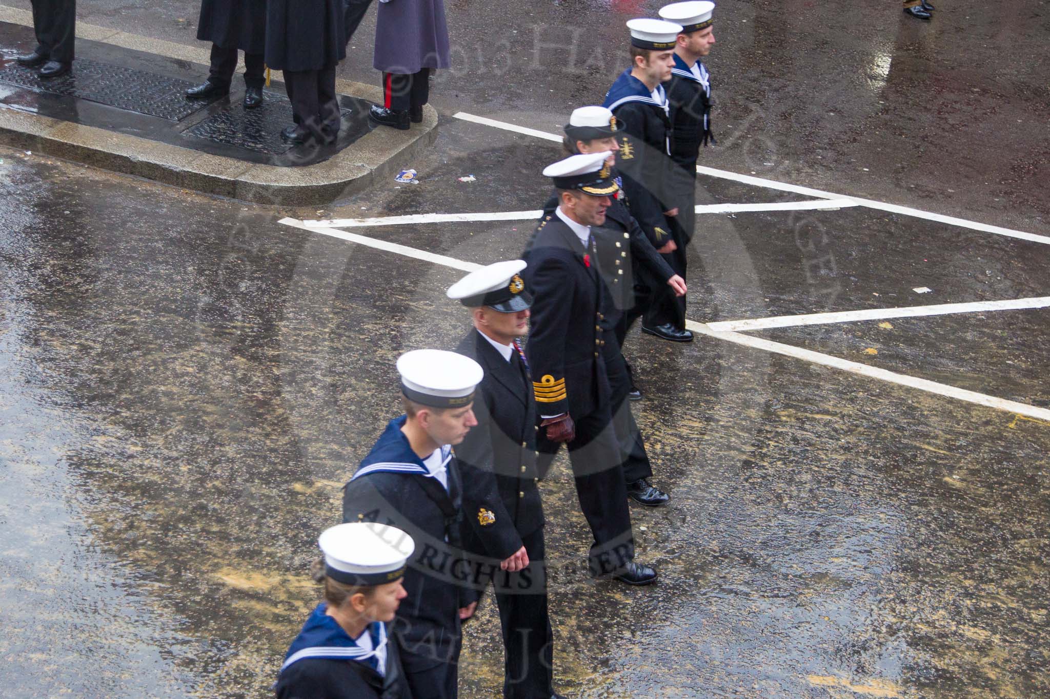 Lord Mayor's Show 2013: 11-Worshipful Company of Wax Chandlers- orginally based on the beeswax trade, with representatives from HMS Protector, The Royal Navy's Ice patrol Ship..
Press stand opposite Mansion House, City of London,
London,
Greater London,
United Kingdom,
on 09 November 2013 at 11:05, image #241