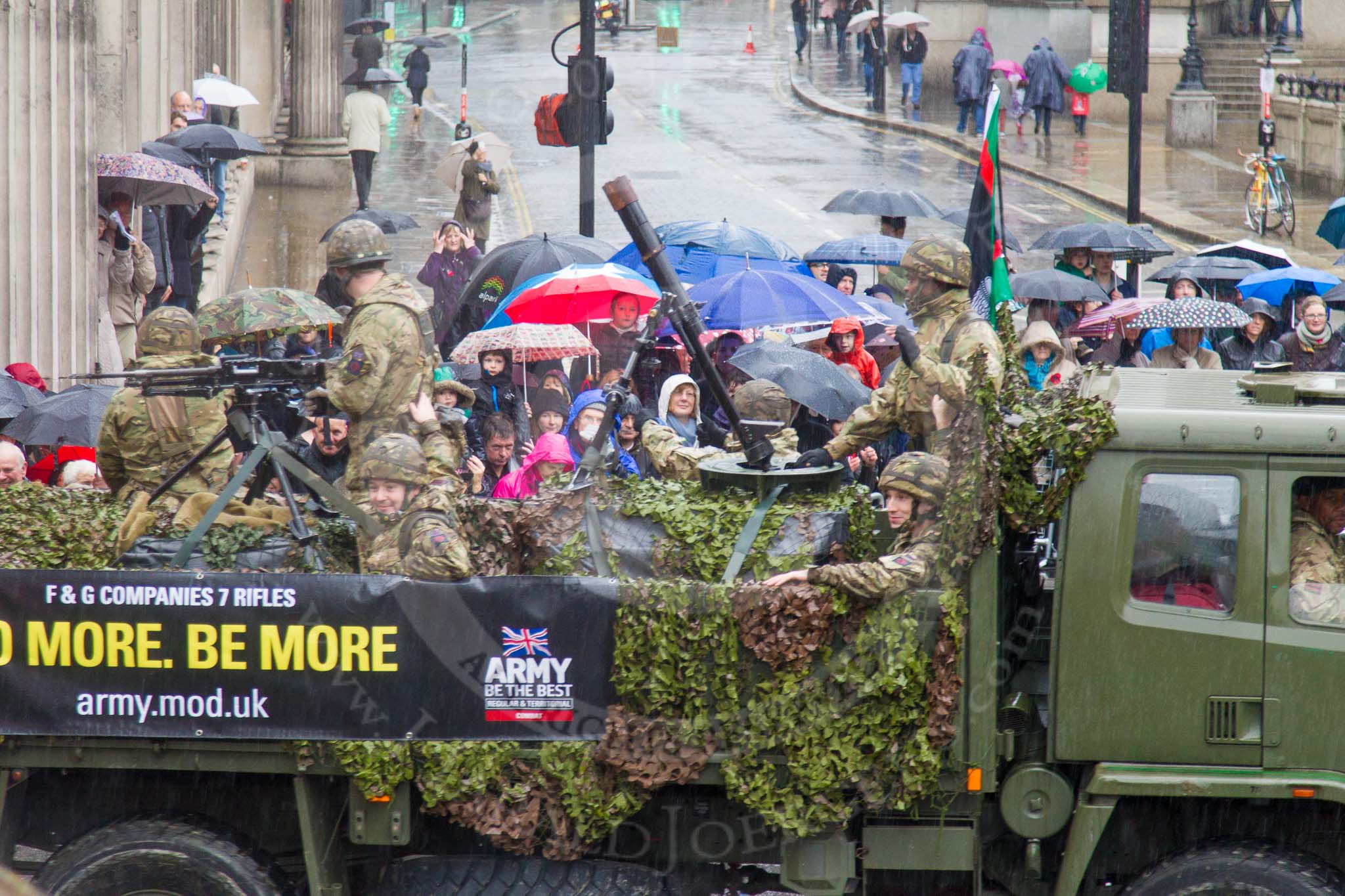 Lord Mayor's Show 2013: 31-F & G Companies, 7th Battalion The Rifles- reserve infantry battalion with Companies in London and the Home Counties..
Press stand opposite Mansion House, City of London,
London,
Greater London,
United Kingdom,
on 09 November 2013 at 11:16, image #413