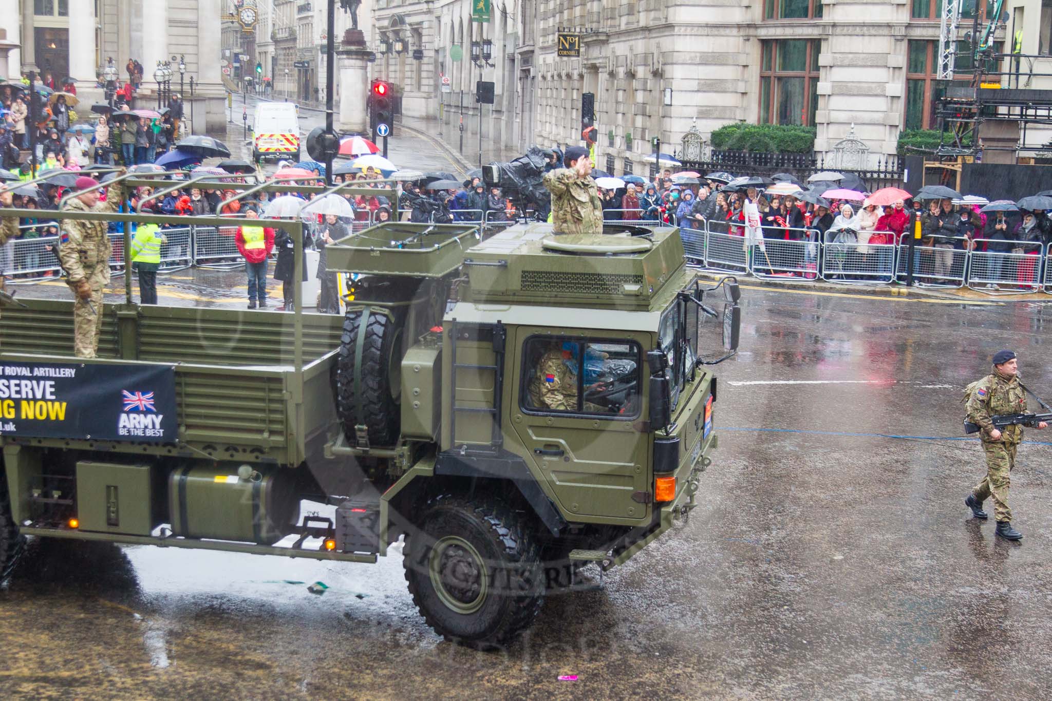 Lord Mayor's Show 2013: 32-265 Battery, 106 Regiment Royal Artillery- provides highly trained reserves , it is only army reserve unit operating missile lunchers..
Press stand opposite Mansion House, City of London,
London,
Greater London,
United Kingdom,
on 09 November 2013 at 11:16, image #417