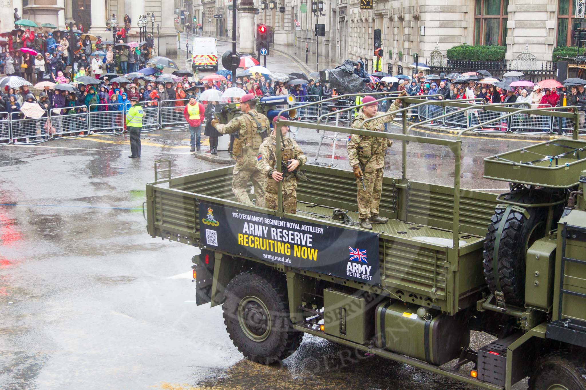 Lord Mayor's Show 2013: 32-265 Battery, 106 Regiment Royal Artillery- provides highly trained reserves , it is only army reserve unit operating missile lunchers..
Press stand opposite Mansion House, City of London,
London,
Greater London,
United Kingdom,
on 09 November 2013 at 11:16, image #418