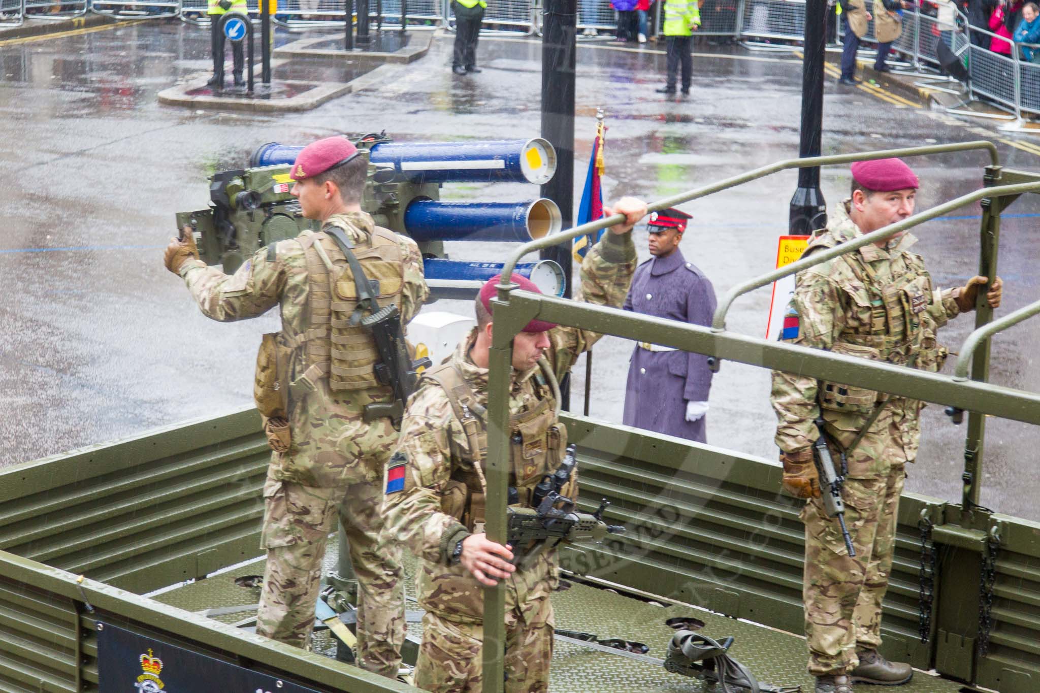 Lord Mayor's Show 2013: 32-265 Battery, 106 Regiment Royal Artillery- provides highly trained reserves , it is only army reserve unit operating missile lunchers..
Press stand opposite Mansion House, City of London,
London,
Greater London,
United Kingdom,
on 09 November 2013 at 11:17, image #421
