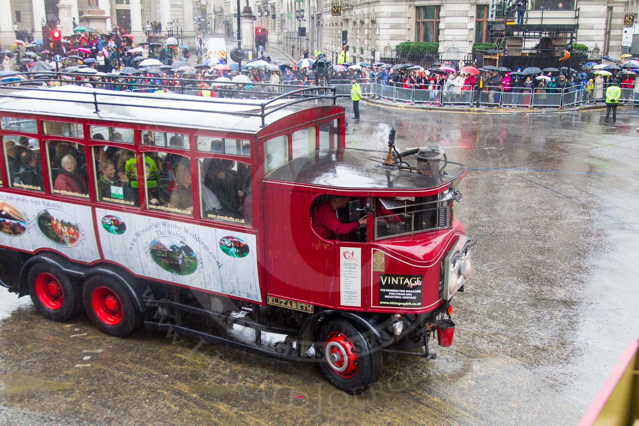 Lord Mayor's Show 2013: 53-Elizabeth the Whitby Steam Bus- travelling down from her Whitby home, which is also the home of Wonderful Whitby Weddings..
Press stand opposite Mansion House, City of London,
London,
Greater London,
United Kingdom,
on 09 November 2013 at 11:29, image #689