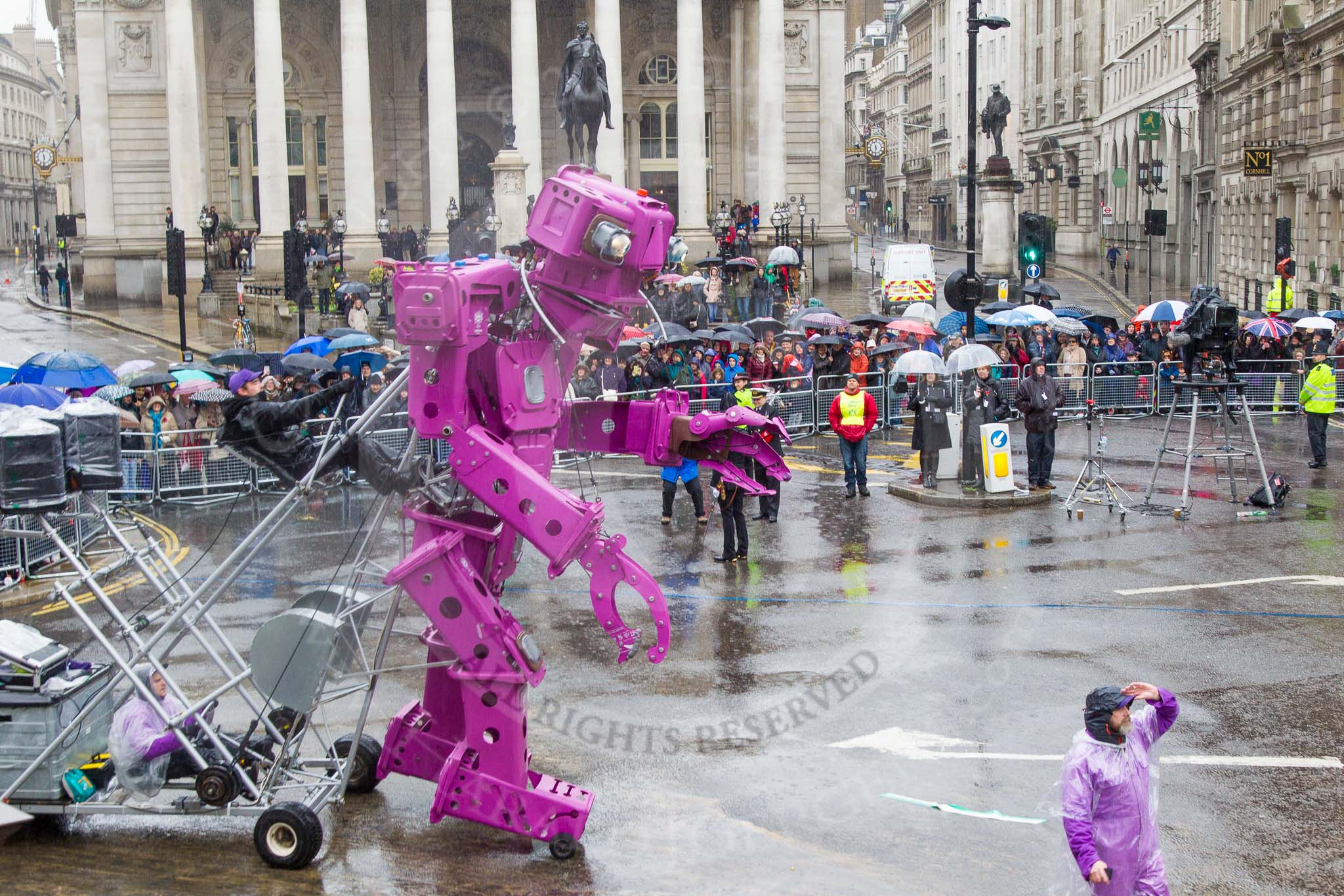 Lord Mayor's Show 2013: 59-Recycling in the City- The Binbot is joined again by his drumming street sweepers to celebrate 20th anniversary of the City's unique Clean City Awards scheme..
Press stand opposite Mansion House, City of London,
London,
Greater London,
United Kingdom,
on 09 November 2013 at 11:32, image #742