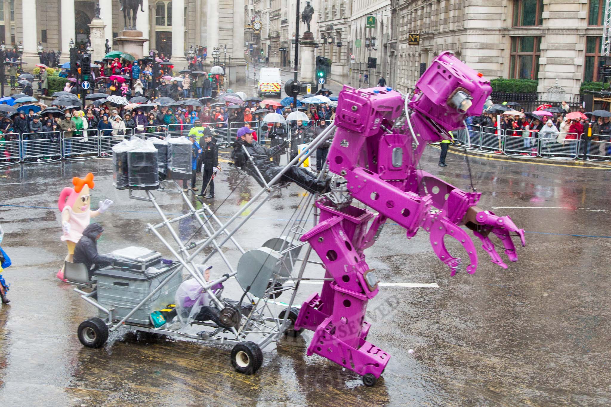 Lord Mayor's Show 2013: 59-Recycling in the City- The Binbot is joined again by his drumming street sweepers to celebrate 20th anniversary of the City's unique Clean City Awards scheme..
Press stand opposite Mansion House, City of London,
London,
Greater London,
United Kingdom,
on 09 November 2013 at 11:32, image #746