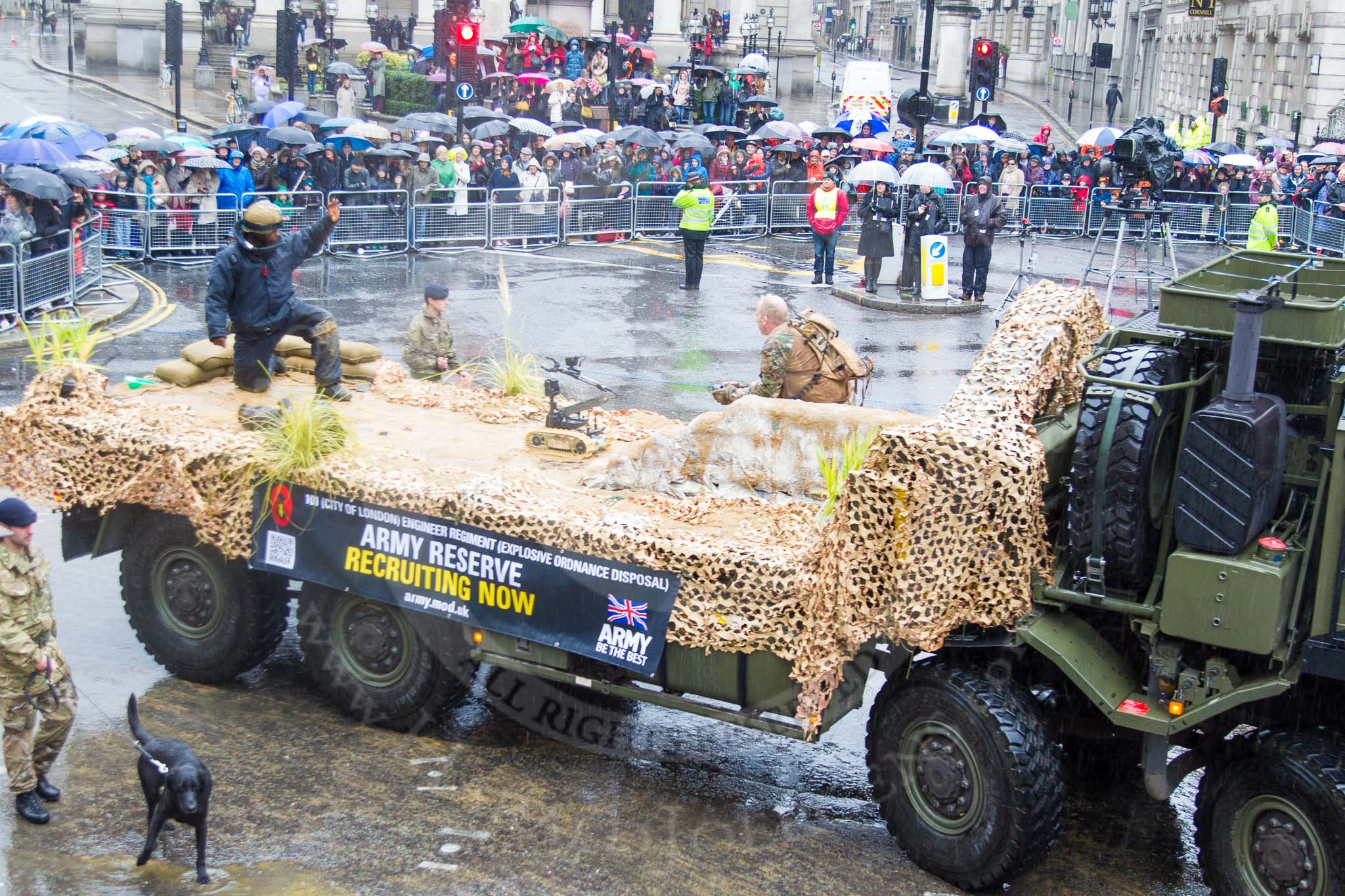 Lord Mayor's Show 2013: 62-101 (City of London) Enginner Regiment (Explosive Ordnance Disposal)-has strong operational history, having provided bomb disposal teams during the blitz and now provading a vital service in Afganistan..
Press stand opposite Mansion House, City of London,
London,
Greater London,
United Kingdom,
on 09 November 2013 at 11:34, image #793