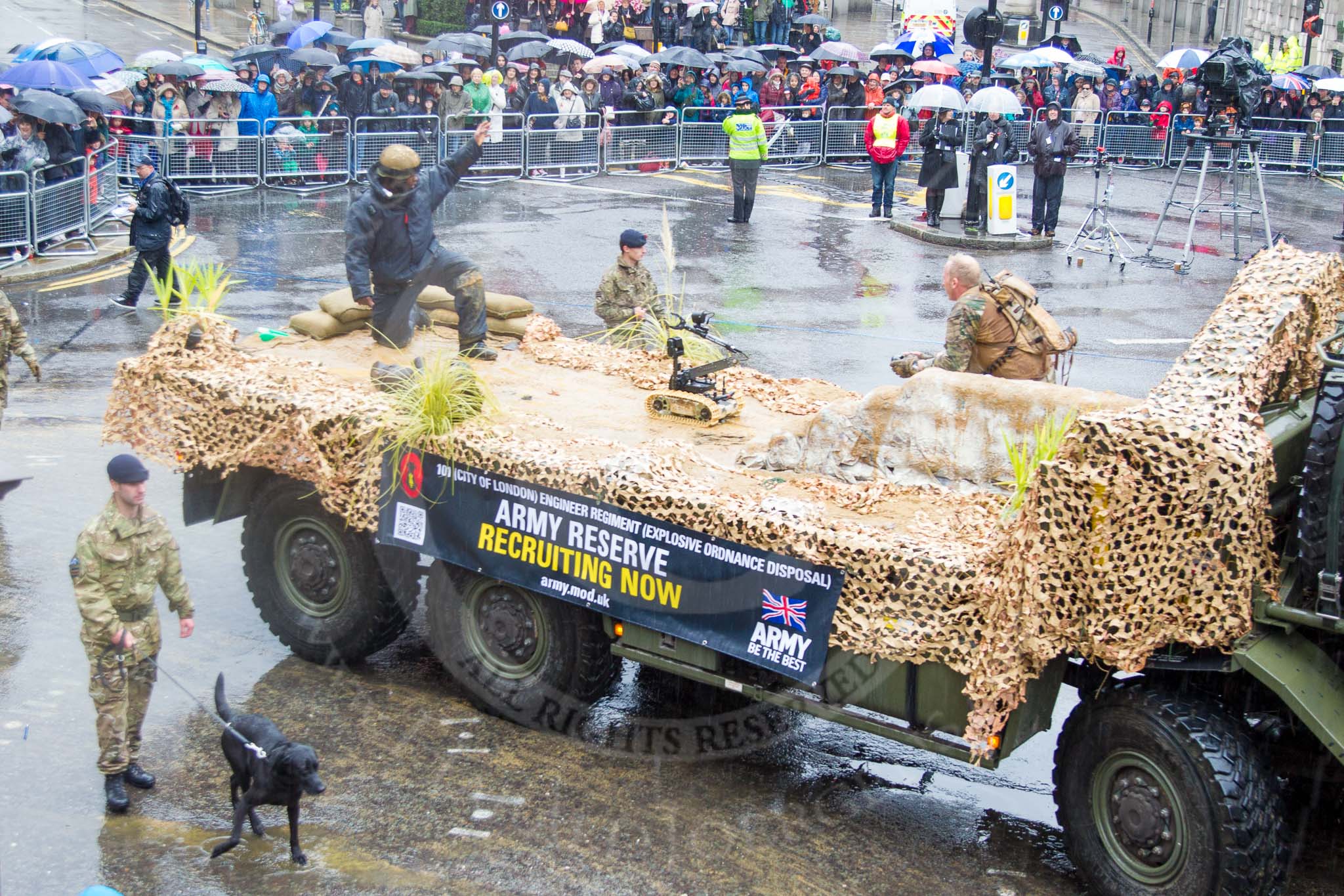 Lord Mayor's Show 2013: 62-101 (City of London) Enginner Regiment (Explosive Ordnance Disposal)-has strong operational history, having provided bomb disposal teams during the blitz and now provading a vital service in Afganistan..
Press stand opposite Mansion House, City of London,
London,
Greater London,
United Kingdom,
on 09 November 2013 at 11:34, image #794