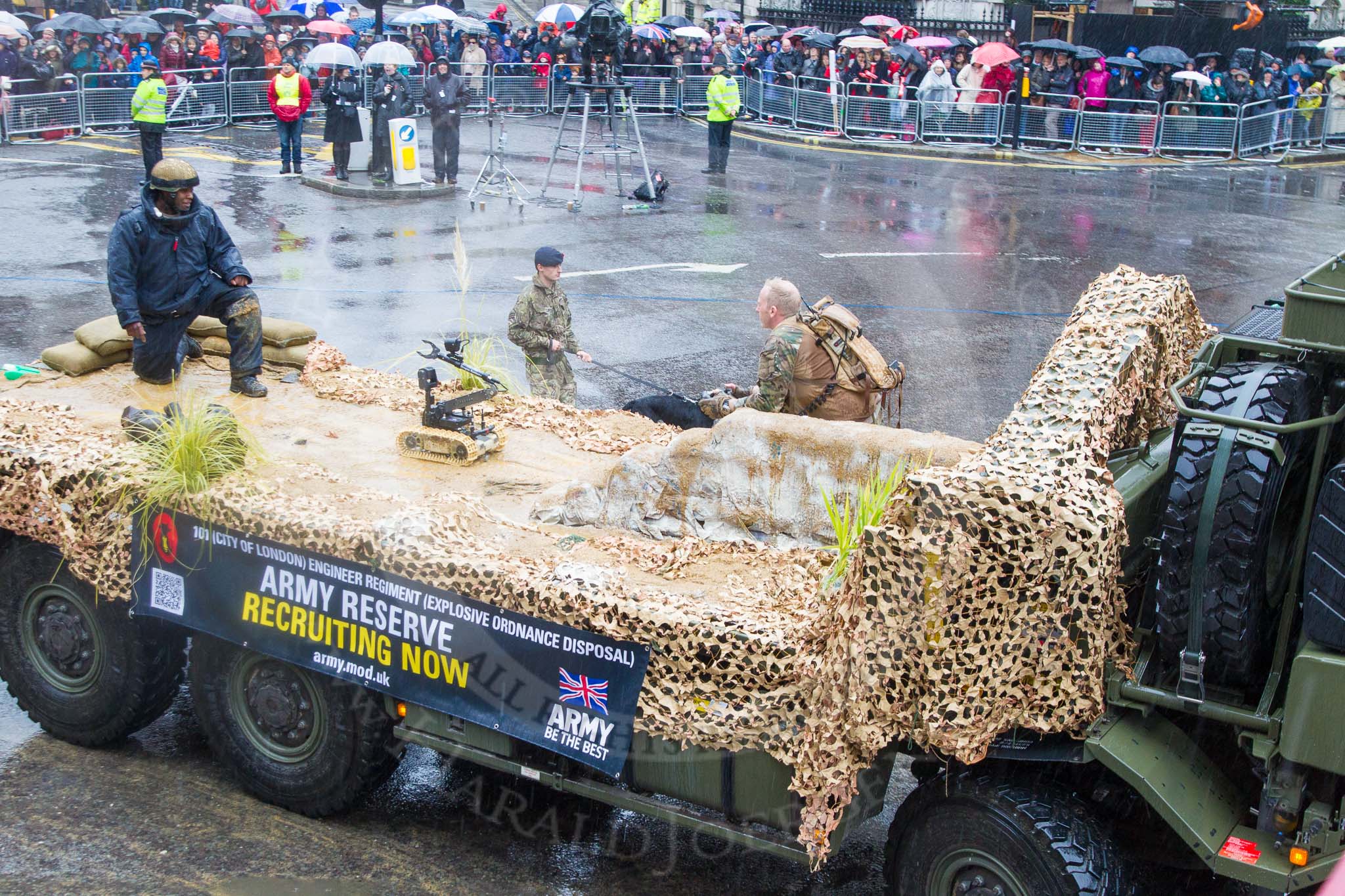 Lord Mayor's Show 2013: 62-101 (City of London) Enginner Regiment (Explosive Ordnance Disposal)-has strong operational history, having provided bomb disposal teams during the blitz and now provading a vital service in Afganistan..
Press stand opposite Mansion House, City of London,
London,
Greater London,
United Kingdom,
on 09 November 2013 at 11:34, image #795