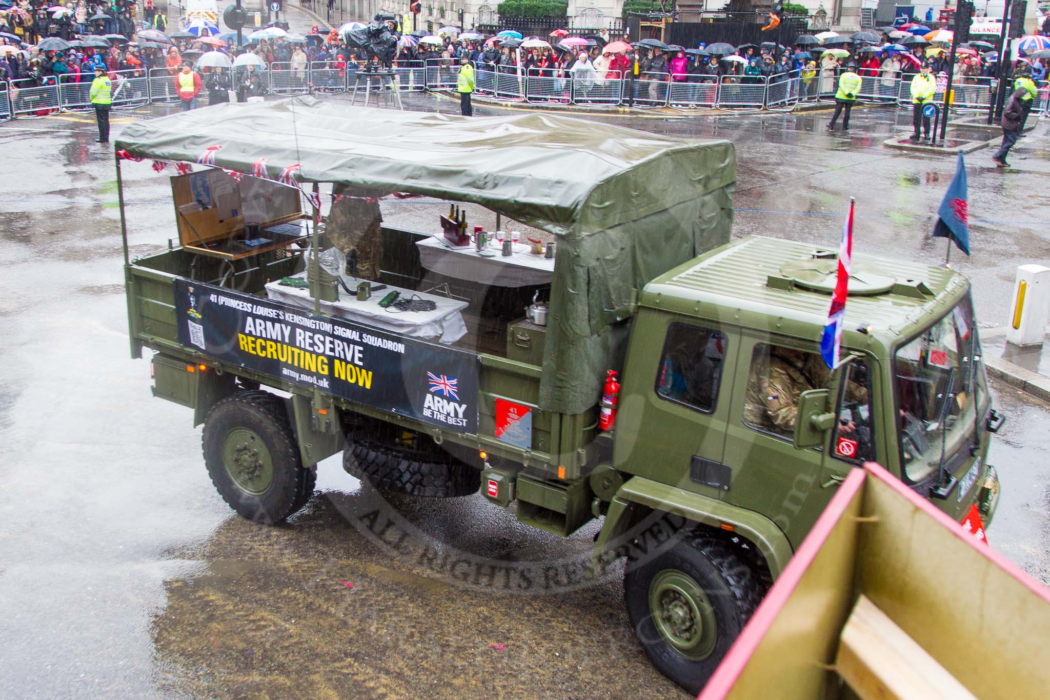 Lord Mayor's Show 2013: 65- 41 (Princess Lousie's Kensington) Squadron  ,38 Signal Regiment-its primary role to provide reserve national and international  communications resilience..
Press stand opposite Mansion House, City of London,
London,
Greater London,
United Kingdom,
on 09 November 2013 at 11:35, image #804