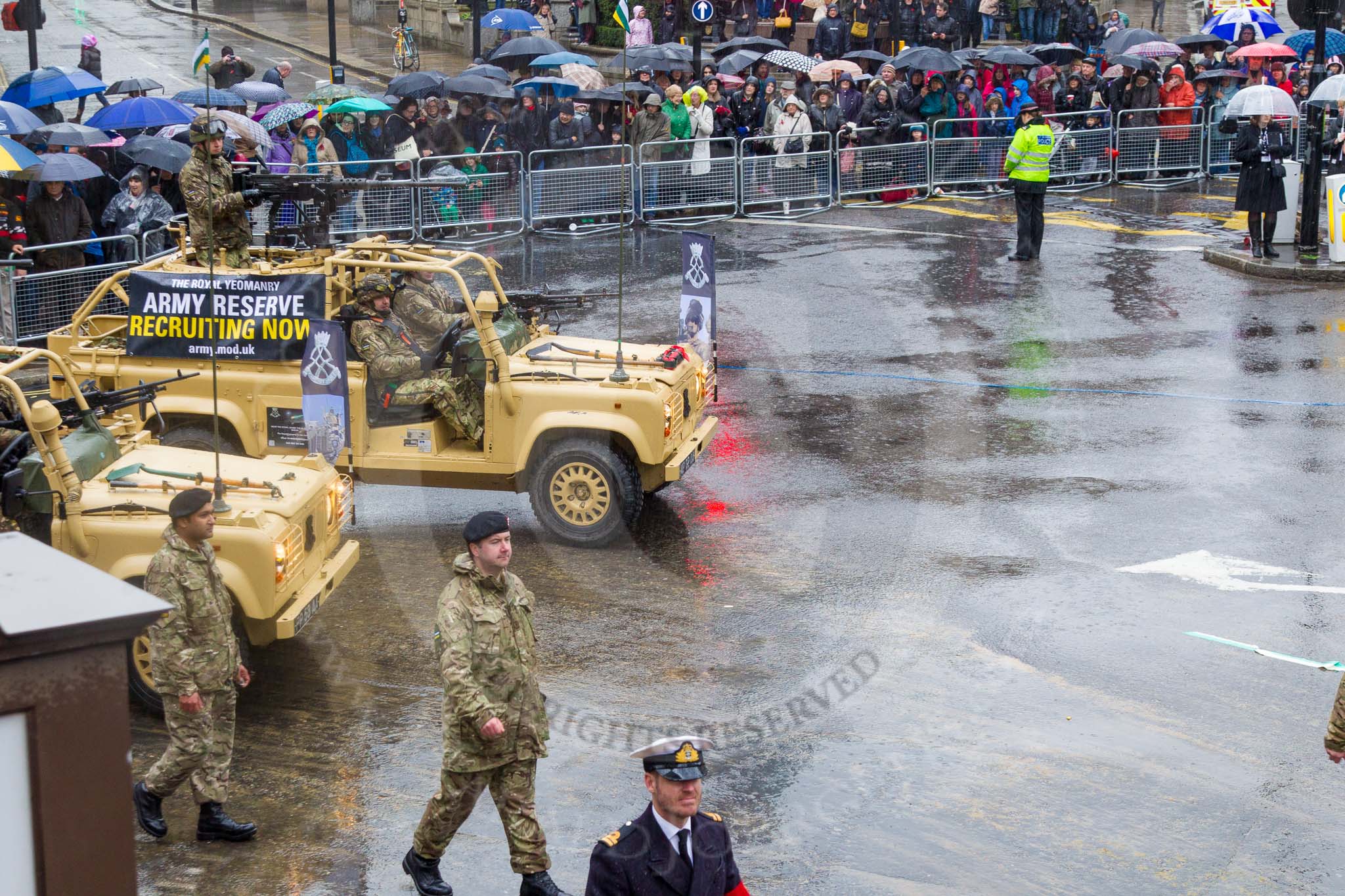 Lord Mayor's Show 2013: 73-The Royal Yeomanry- is London's only Army Reserve Calvary unit.  It use some of the armoured vehicles that you will see in the Show today..
Press stand opposite Mansion House, City of London,
London,
Greater London,
United Kingdom,
on 09 November 2013 at 11:40, image #872