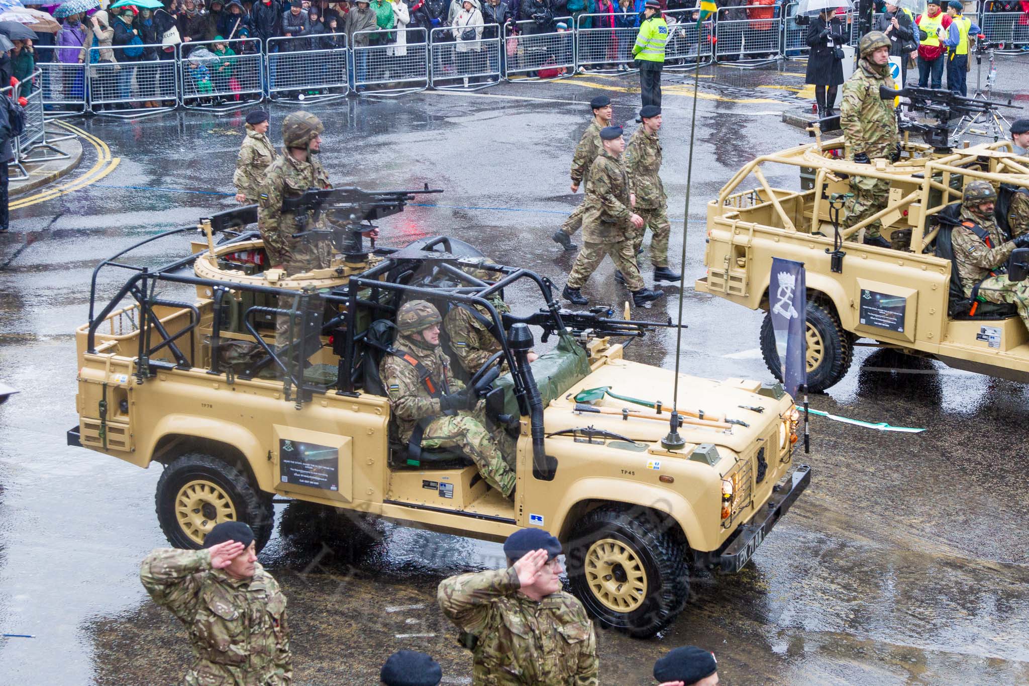 Lord Mayor's Show 2013: 73-The Royal Yeomanry- is London's only Army Reserve Calvary unit.  It use some of the armoured vehicles that you will see in the Show today..
Press stand opposite Mansion House, City of London,
London,
Greater London,
United Kingdom,
on 09 November 2013 at 11:40, image #878