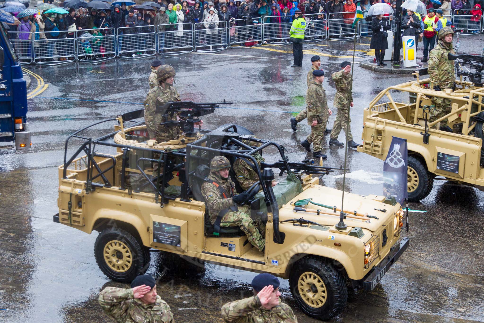 Lord Mayor's Show 2013: 73-The Royal Yeomanry- is London's only Army Reserve Calvary unit.  It use some of the armoured vehicles that you will see in the Show today..
Press stand opposite Mansion House, City of London,
London,
Greater London,
United Kingdom,
on 09 November 2013 at 11:40, image #879