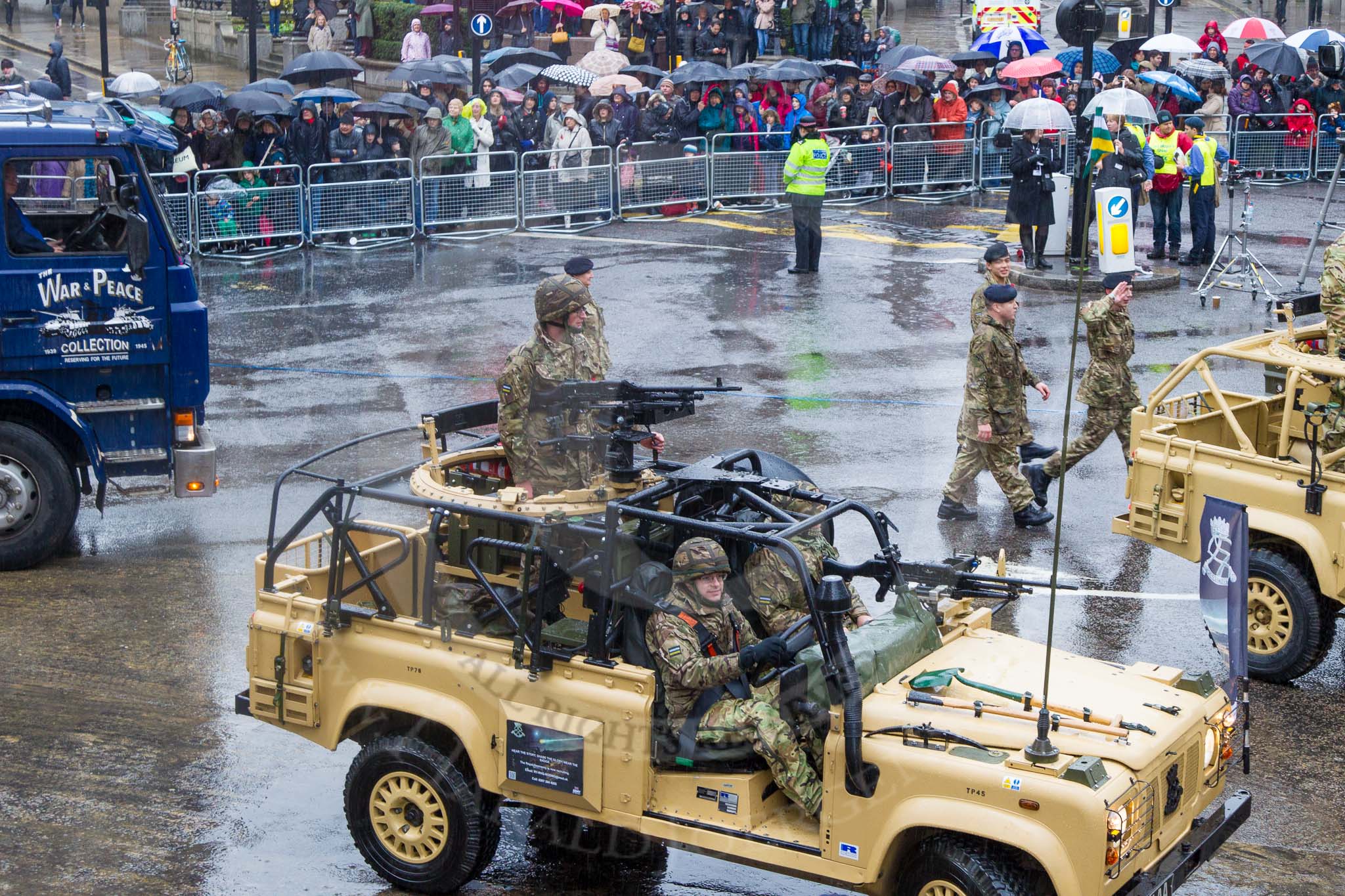 Lord Mayor's Show 2013: 73-The Royal Yeomanry- is London's only Army Reserve Calvary unit.  It use some of the armoured vehicles that you will see in the Show today..
Press stand opposite Mansion House, City of London,
London,
Greater London,
United Kingdom,
on 09 November 2013 at 11:40, image #880