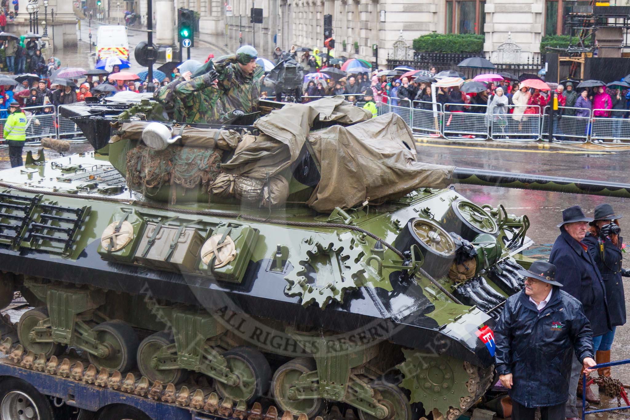 Lord Mayor's Show 2013: 73-The Royal Yeomanry- is London's only Army Reserve Calvary unit.  It use some of the armoured vehicles that you will see in the Show today..
Press stand opposite Mansion House, City of London,
London,
Greater London,
United Kingdom,
on 09 November 2013 at 11:41, image #886