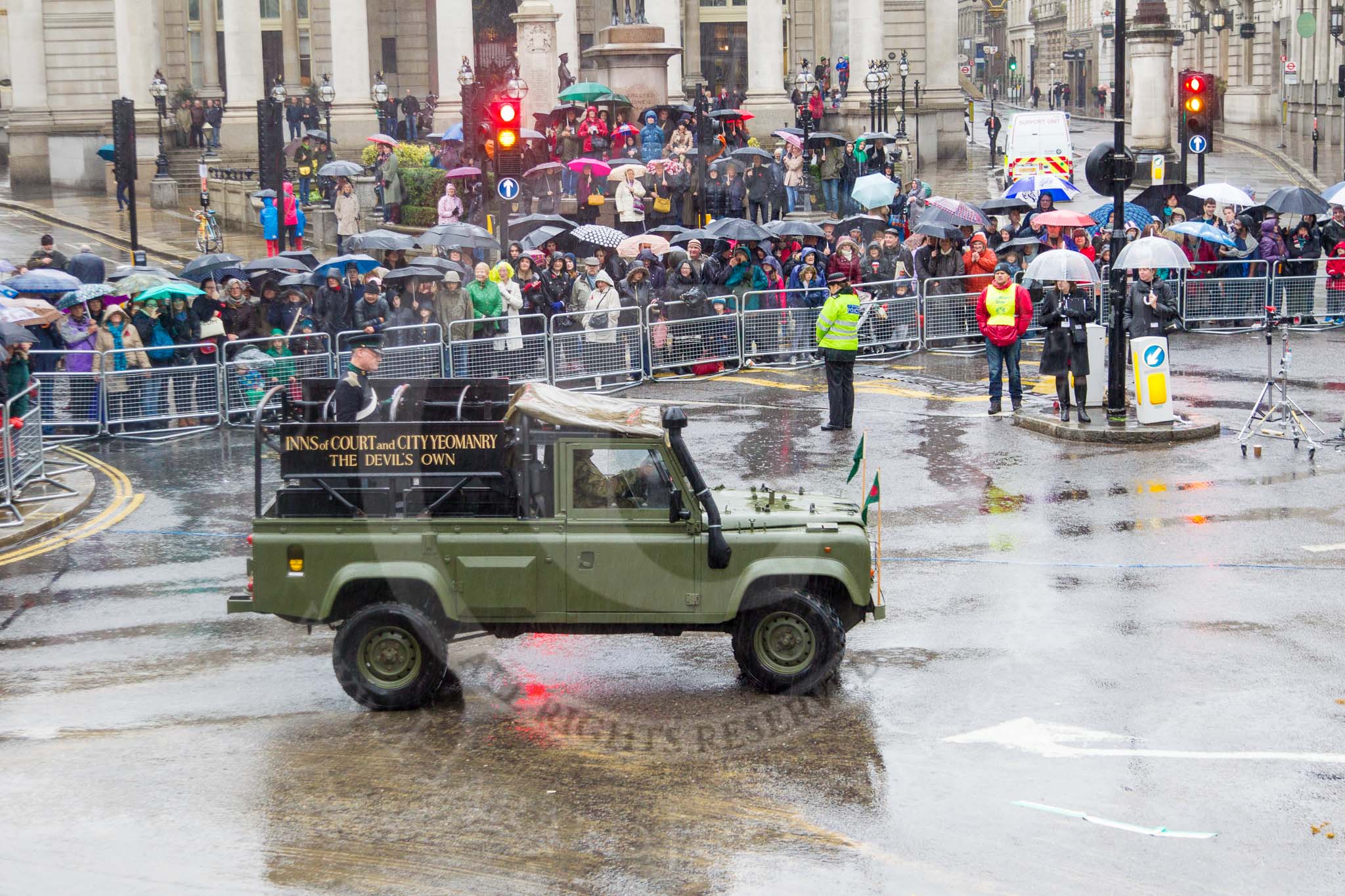 Lord Mayor's Show 2013: 76- 71 (City of London) Signal Regiment-provides military command-and -control in support of Uk operations. The Regiment is today represented by  the Riding Detachment of its Lincoln's Inn-based, 68 (Inns of Court & City and Essex Yeomanry) Signal Squadron..
Press stand opposite Mansion House, City of London,
London,
Greater London,
United Kingdom,
on 09 November 2013 at 11:42, image #913