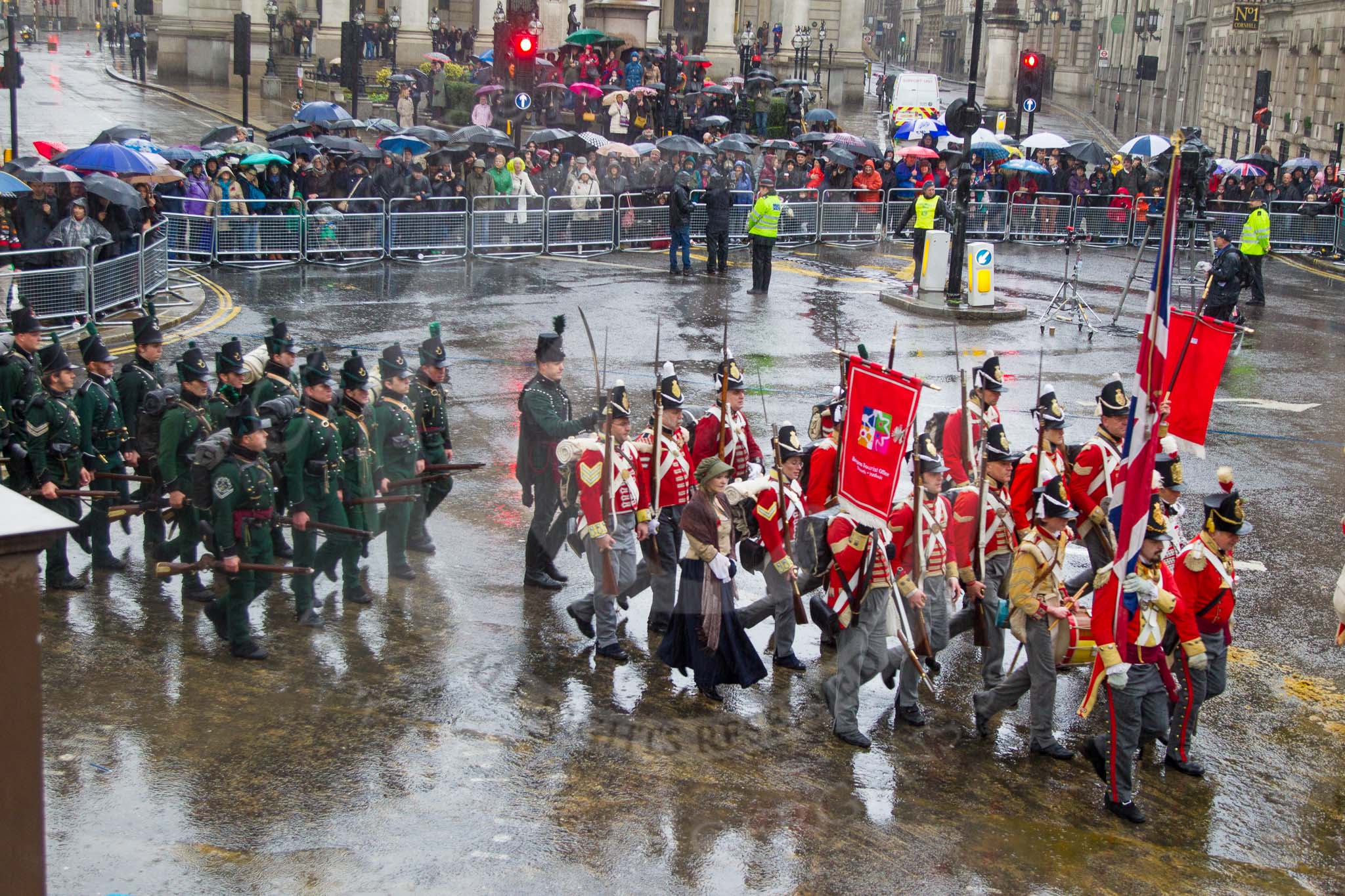 Lord Mayor's Show 2013: 88-The Belgain Tourist Board Road to Waterloo 200-the Napoleonic Association supports people with a common interest in the period from Freanch Revolution to the Battle of Waterloo in 1815..
Press stand opposite Mansion House, City of London,
London,
Greater London,
United Kingdom,
on 09 November 2013 at 11:48, image #1079