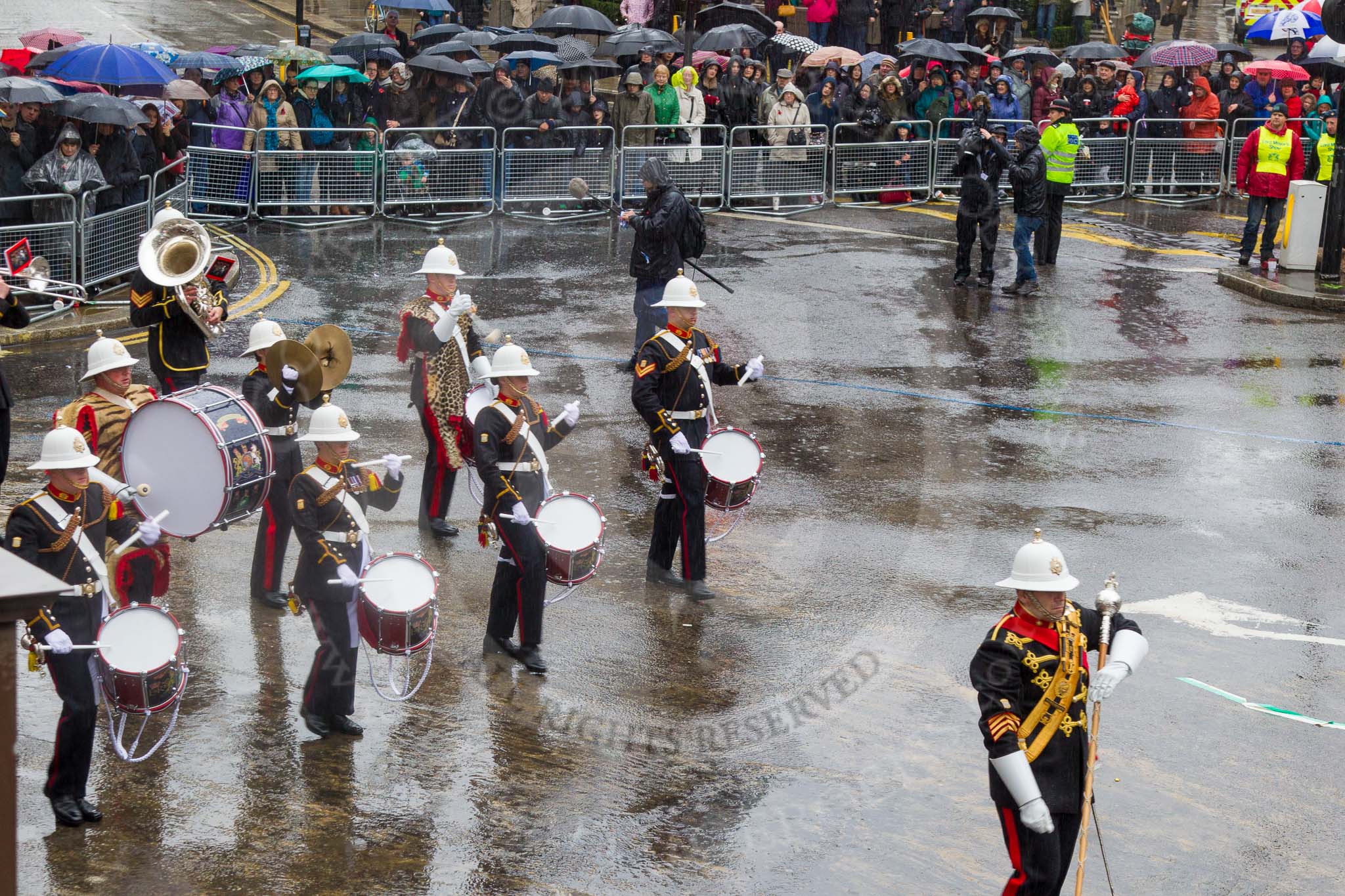 Lord Mayor's Show 2013: 94-Royal Marines Band( HMS Collingwood)-was formed in 2009 and has performed at the Lord Mayor's Show, the Diamong Jubilee, the London 2012 Olympic Games and the subsequent Athlete's Parade..
Press stand opposite Mansion House, City of London,
London,
Greater London,
United Kingdom,
on 09 November 2013 at 11:51, image #1144