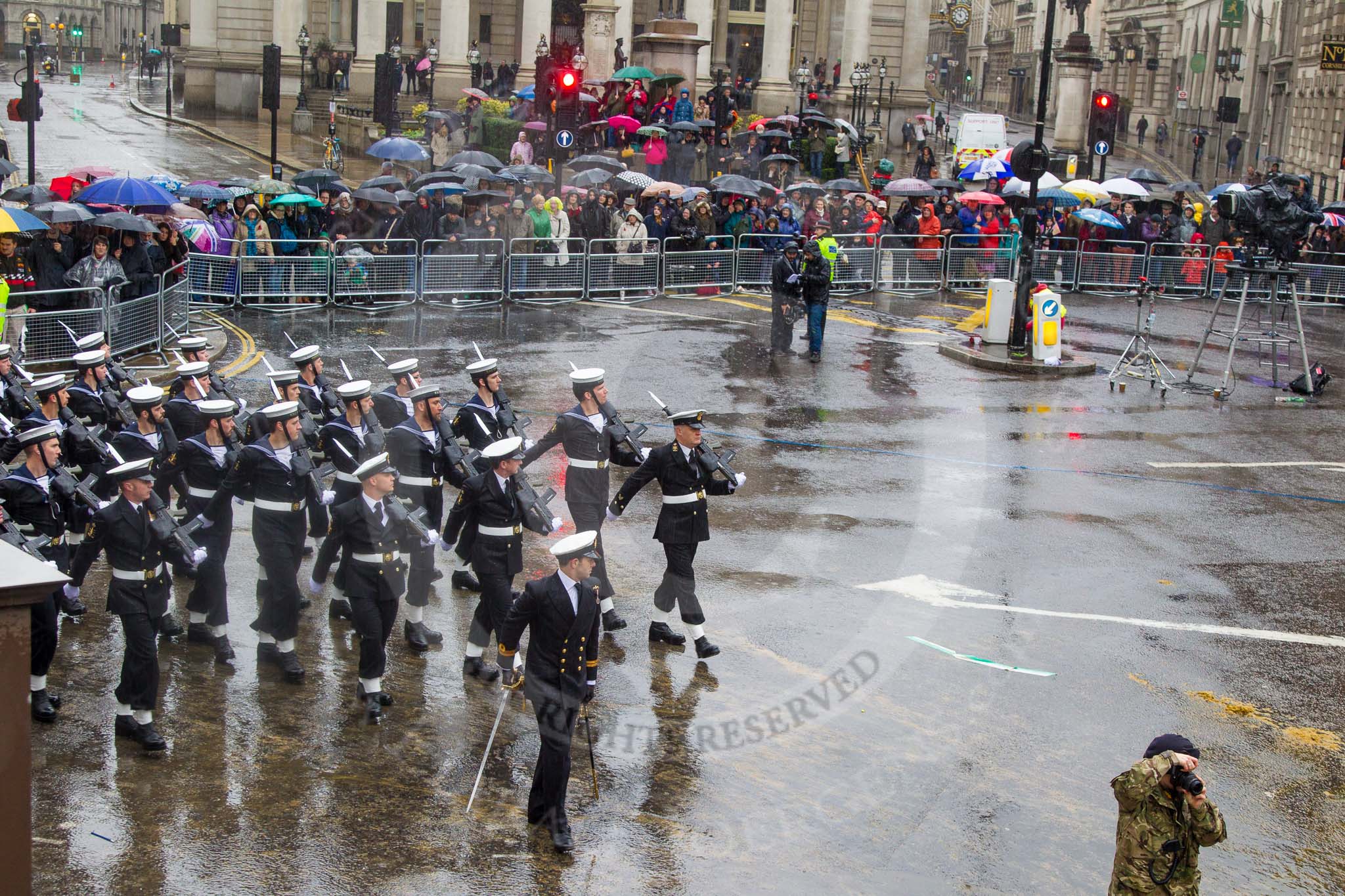 Lord Mayor's Show 2013: 95-Royal Navy (HMS Collingwood)-is home to the Maritime Warfare Scool, which contributes to the operational capability of the Fleet by providing first-class training to all officers and ratings of the Royal Navy..
Press stand opposite Mansion House, City of London,
London,
Greater London,
United Kingdom,
on 09 November 2013 at 11:52, image #1155
