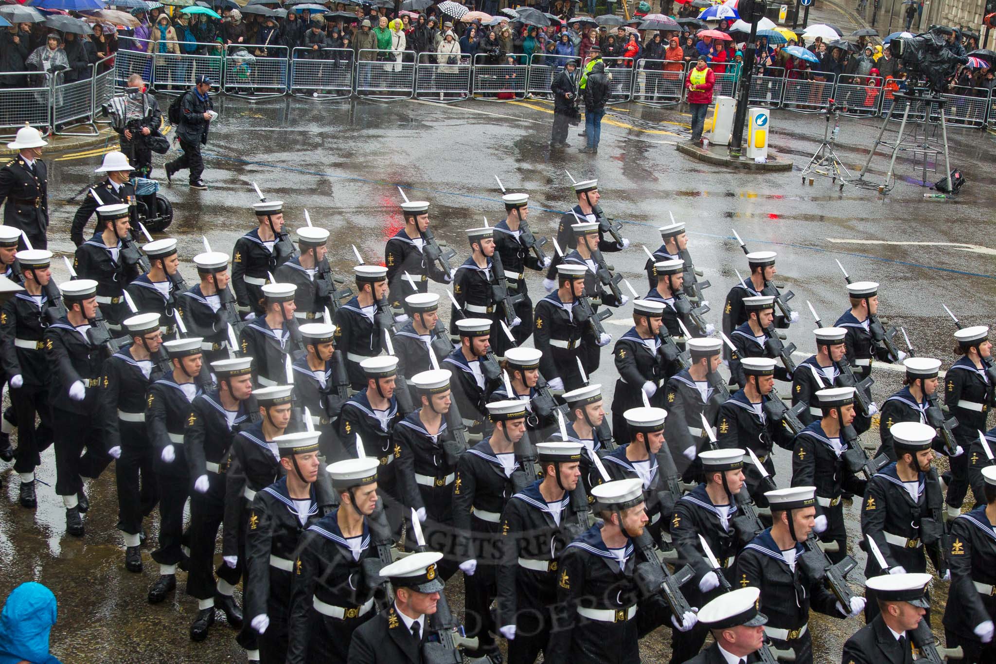 Lord Mayor's Show 2013: 95-Royal Navy (HMS Collingwood)-is home to the Maritime Warfare Scool, which contributes to the operational capability of the Fleet by providing first-class training to all officers and ratings of the Royal Navy..
Press stand opposite Mansion House, City of London,
London,
Greater London,
United Kingdom,
on 09 November 2013 at 11:52, image #1162