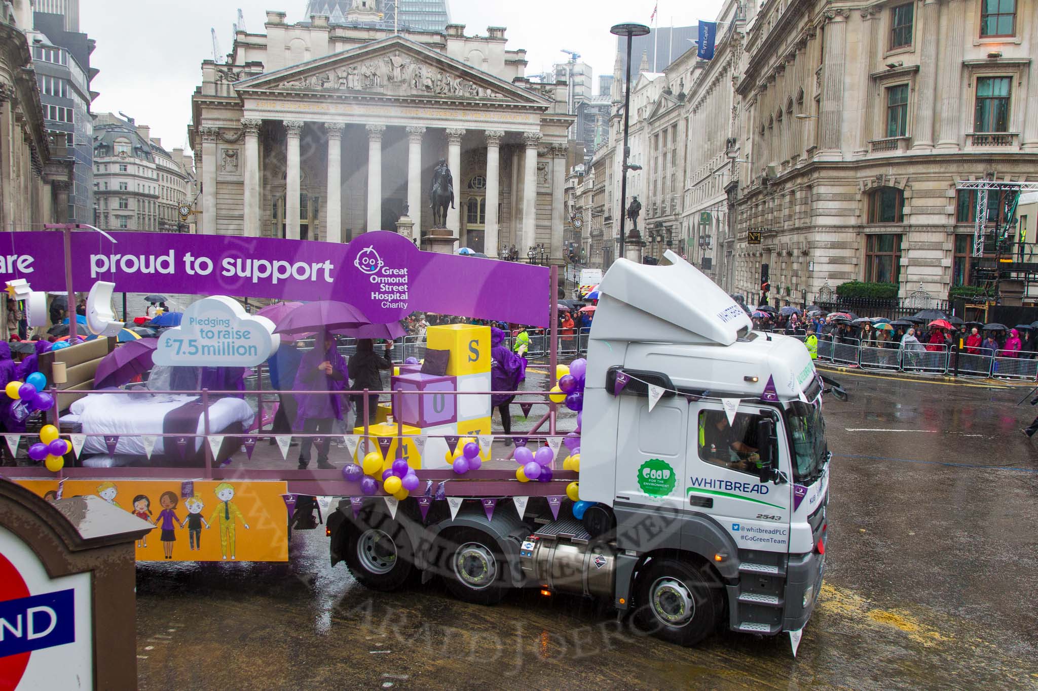Lord Mayor's Show 2013: 107-Premier Inn supporting Great Ormond Street Hospital- Premier Inn , the Uk's largest hotel brand, selected Great Ormond Street Hospital as its charity partner in 2012..
Press stand opposite Mansion House, City of London,
London,
Greater London,
United Kingdom,
on 09 November 2013 at 11:57, image #1247