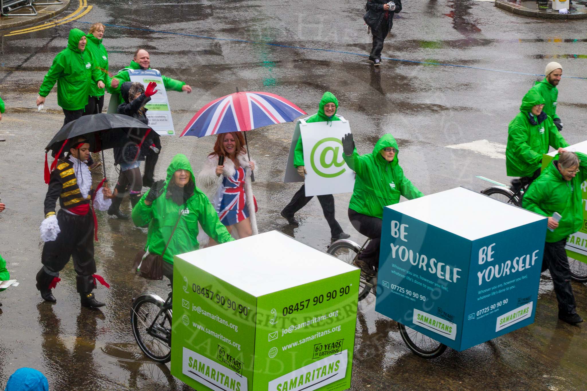 Lord Mayor's Show 2013: 111- Central London Samaritans-the float for the London Samaritans commemorates 60 years of service. It charts the different ways in which Samaritans have been in touch with people over the past six decades..
Press stand opposite Mansion House, City of London,
London,
Greater London,
United Kingdom,
on 09 November 2013 at 12:00, image #1291