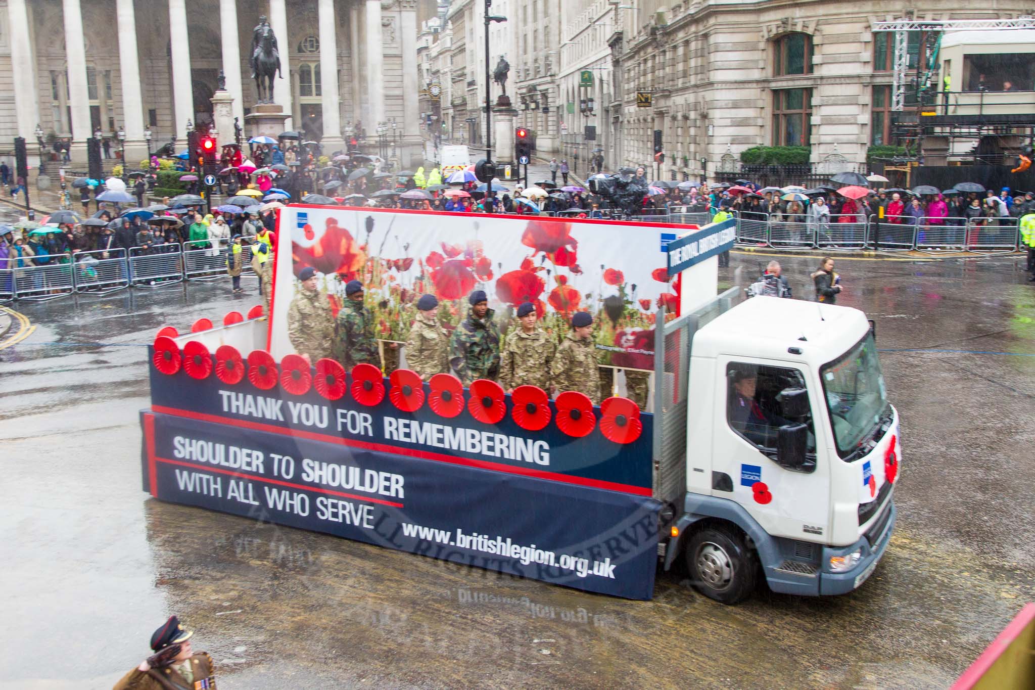 Lord Mayor's Show 2013: 115-Royal British Legion-stands @Shoulder to shoulder with all who serve'..
Press stand opposite Mansion House, City of London,
London,
Greater London,
United Kingdom,
on 09 November 2013 at 12:02, image #1328