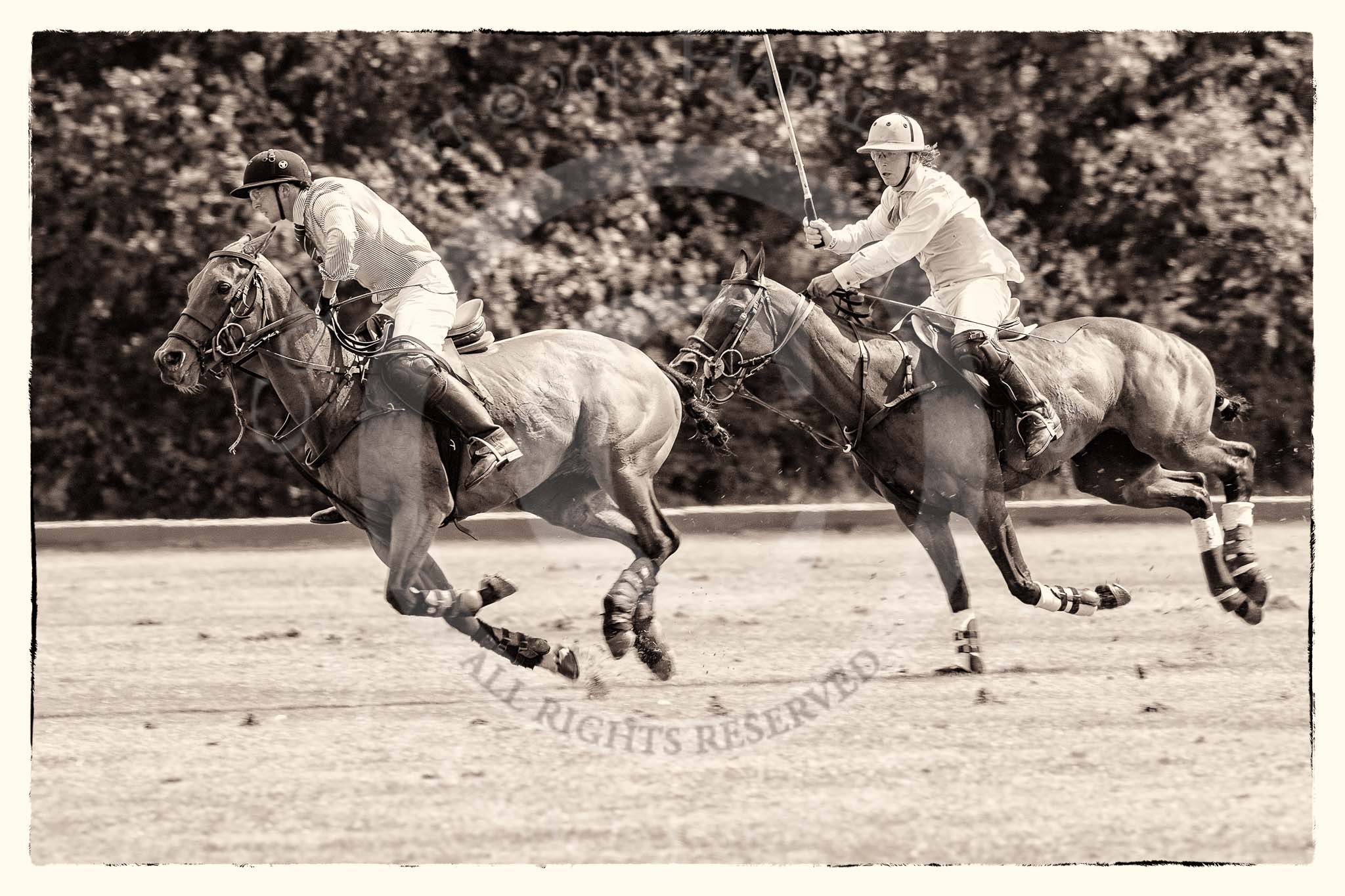 7th Heritage Polo Cup semi-finals: John Martin, Team Silver Fox USA, playing to goal, followed by Nico Talamoni, Team Emerging Switzerland..
Hurtwood Park Polo Club,
Ewhurst Green,
Surrey,
United Kingdom,
on 04 August 2012 at 11:37, image #67