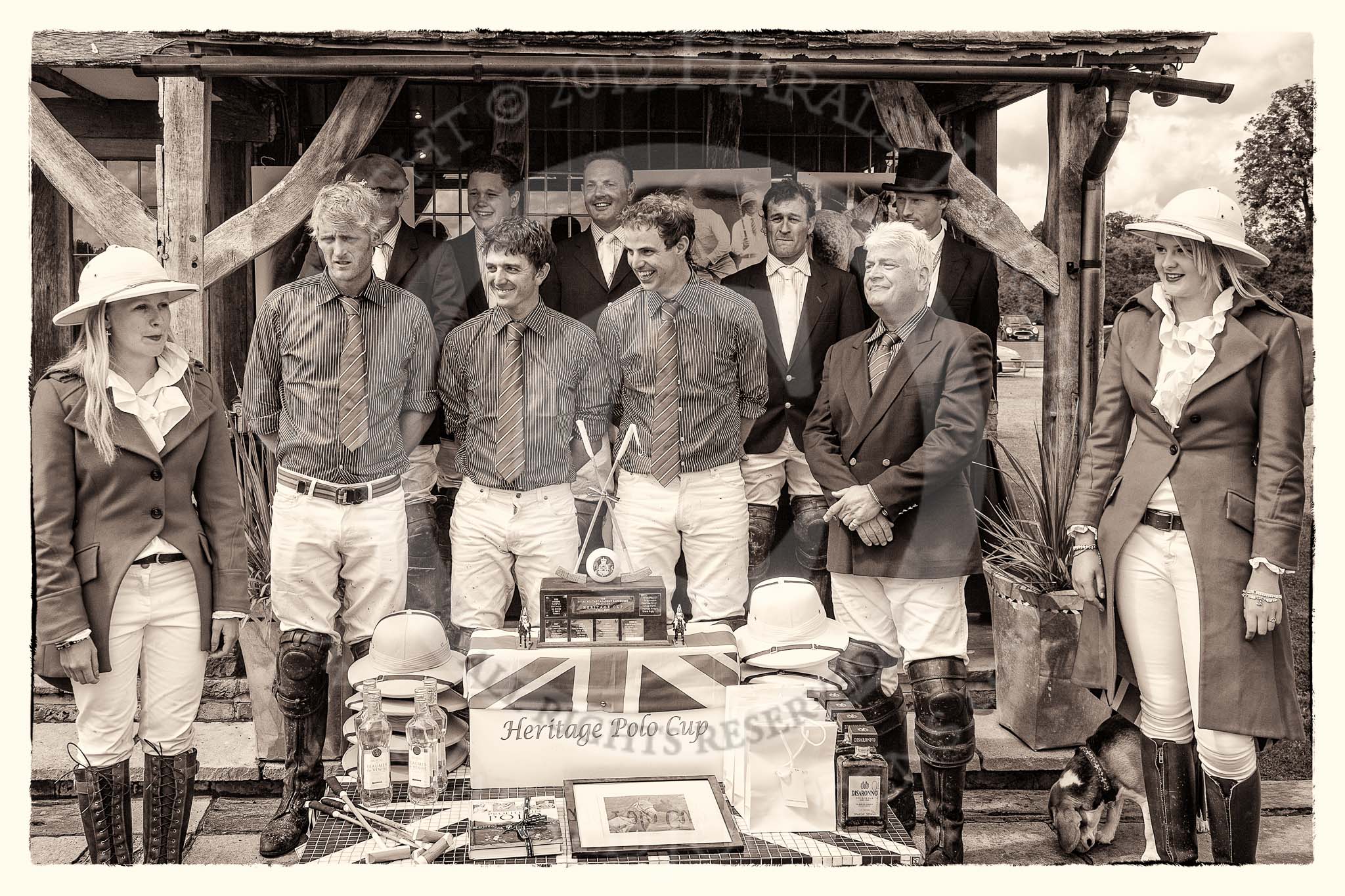 7th Heritage Polo Cup finals: Henry Fisher, John Martin, James Rome, Parke Bradley (Silver Fox USA), behind Mariano Darritchon, Alex Vent, Timothy Rose, Sebastan Funes, and Umpire Oli Hipwood..
Hurtwood Park Polo Club,
Ewhurst Green,
Surrey,
United Kingdom,
on 05 August 2012 at 14:40, image #85