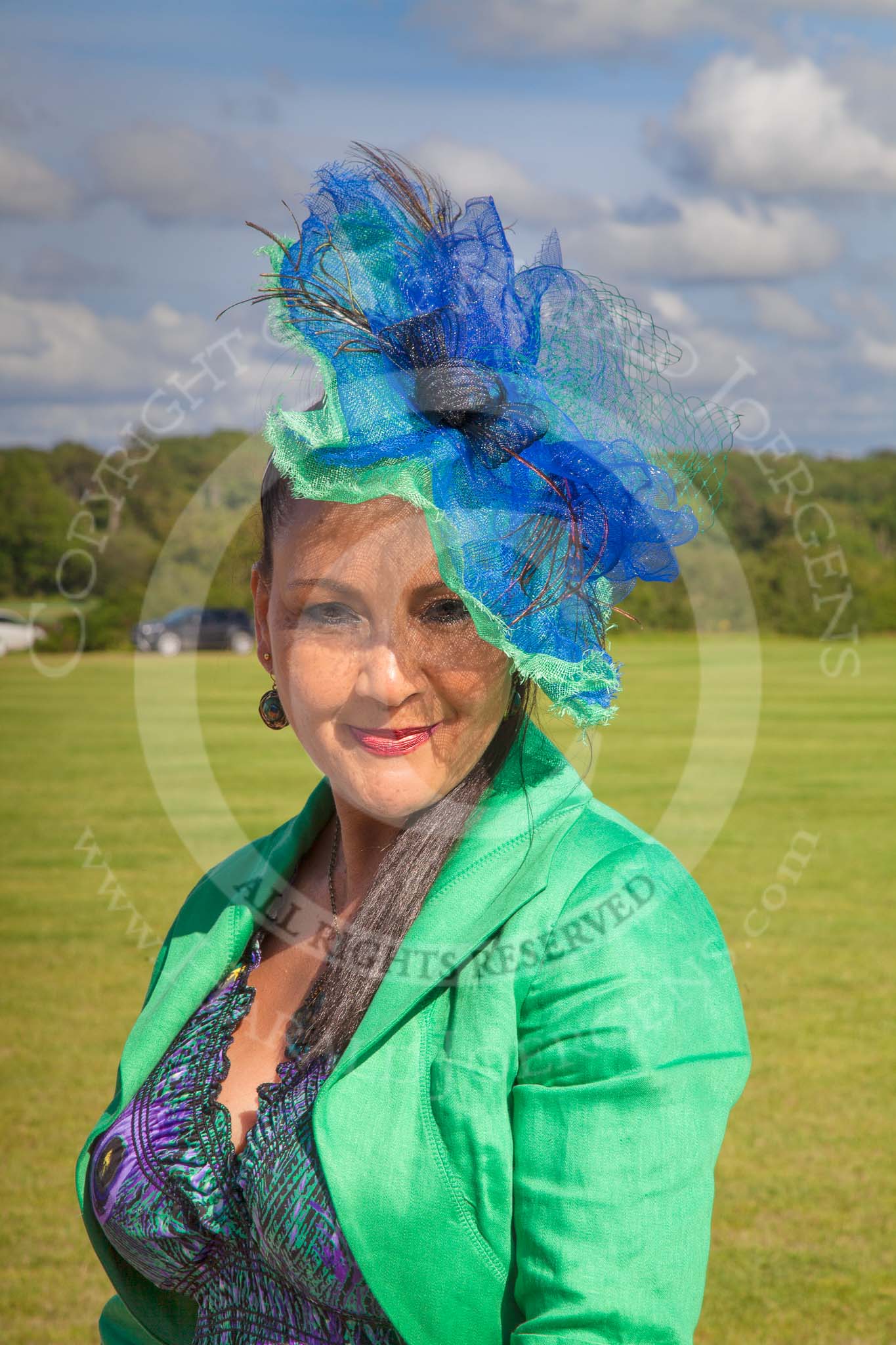 7th Heritage Polo Cup finals: Jennifer Cattlin wearing one of her Millinery Creations 2012..
Hurtwood Park Polo Club,
Ewhurst Green,
Surrey,
United Kingdom,
on 05 August 2012 at 16:47, image #228