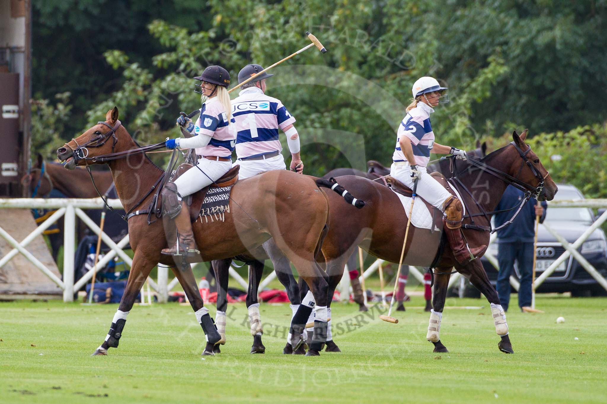DBPC Polo in the Park 2012: JCS Polo team #3 Emma Nicolson, #1 Andy Coulbeck, and 2 Louise Coulbeck..
Dallas Burston Polo Club,
Stoneythorpe Estate,
Southam,
Warwickshire,
United Kingdom,
on 16 September 2012 at 10:58, image #64