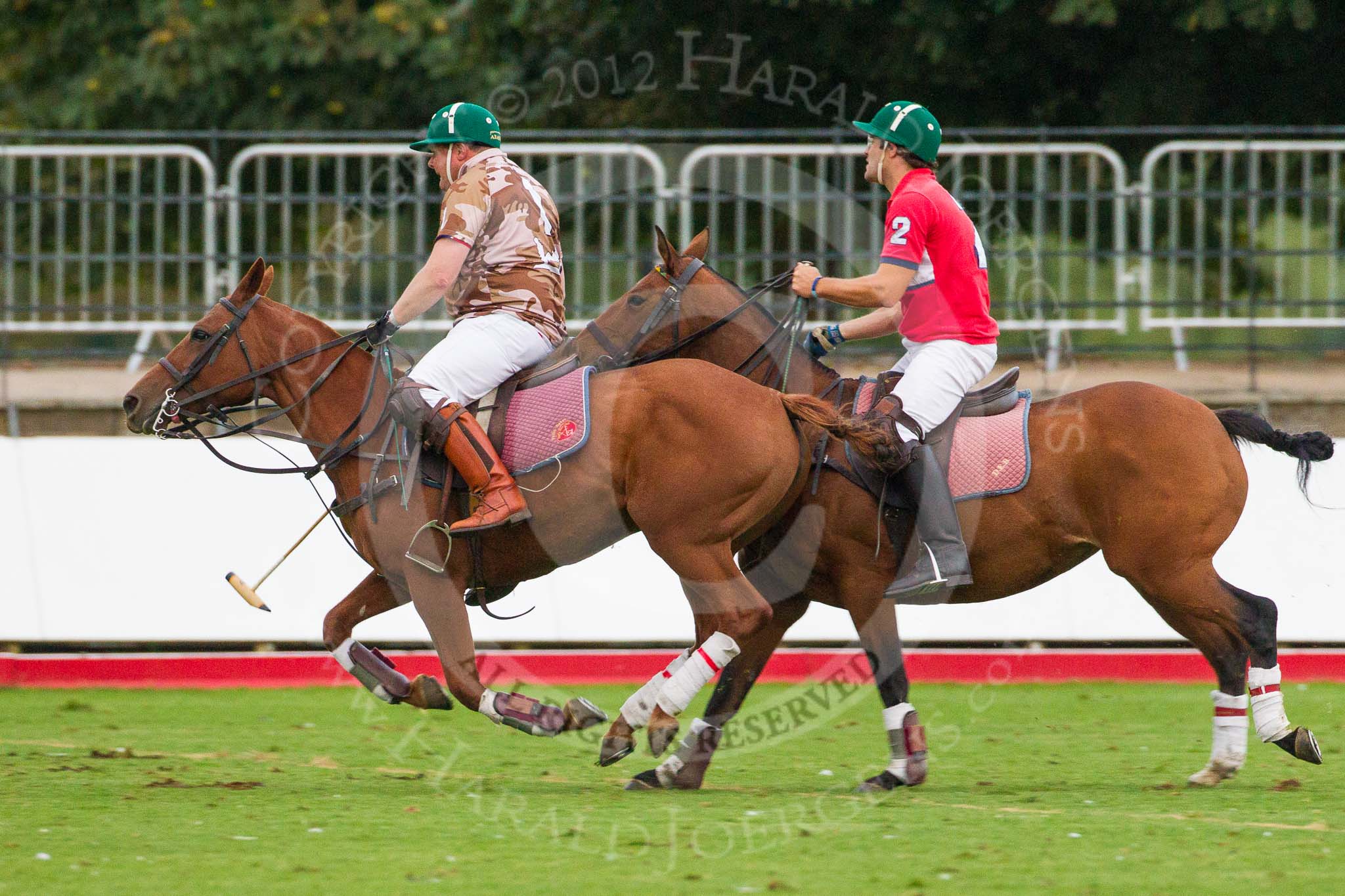 DBPC Polo in the Park 2012: Royal Artillery #1, Bombardier Richard Morris, and DBPC #2, Captain William Mawby..
Dallas Burston Polo Club,
Stoneythorpe Estate,
Southam,
Warwickshire,
United Kingdom,
on 16 September 2012 at 18:54, image #333