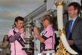 DBPC Polo in the Park 2012: Lousie Jebson and Sebastian Funes of the C.A.N.I. team, the winner of the 4 Goal Tusk Trophy Tournament. On the right Southam and Kenilworth MP Jeremy Clark..
Dallas Burston Polo Club,
Stoneythorpe Estate,
Southam,
Warwickshire,
United Kingdom,
on 16 September 2012 at 16:40, image #251